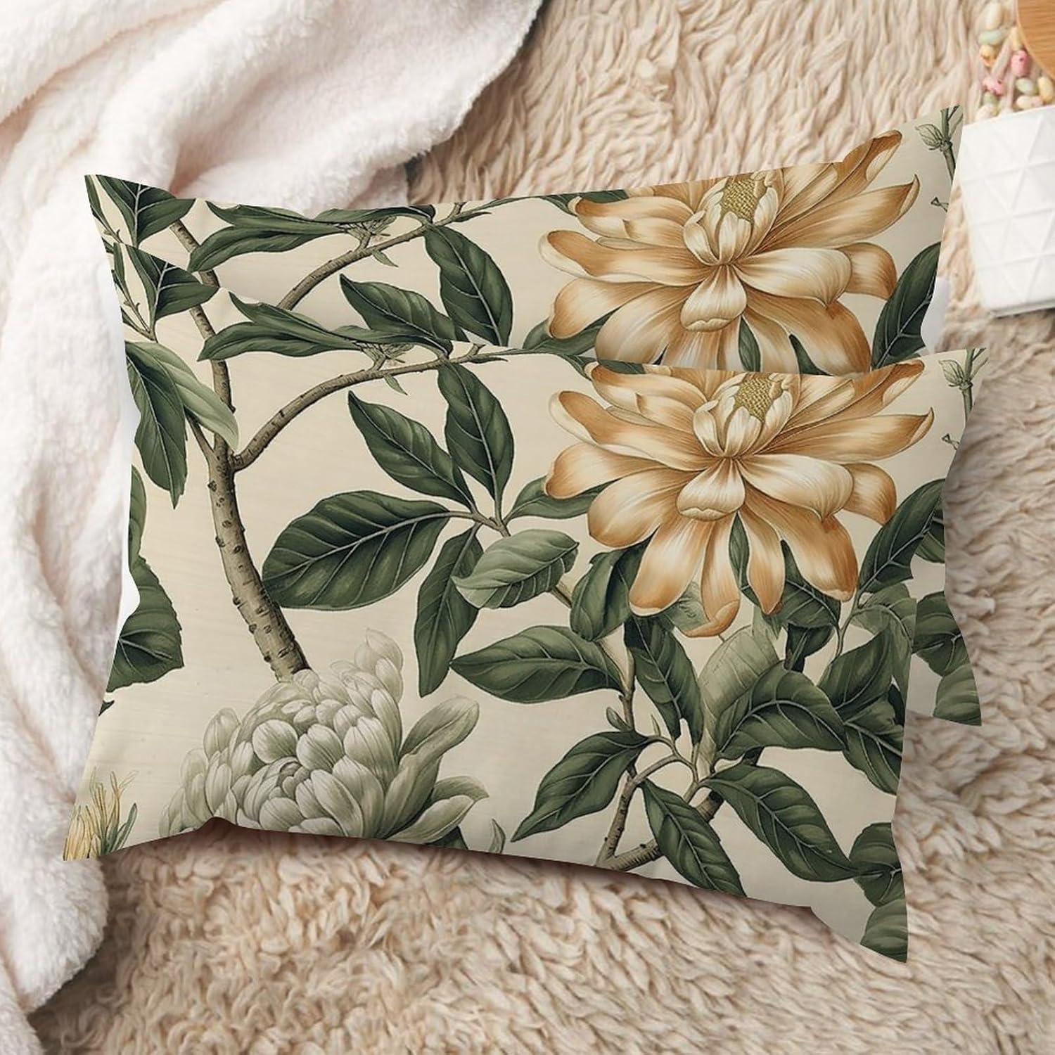 Green and White Chinoiserie Floral Rectangular Cushion Cover Set of 2 Chinese Style Throw Pillowcase 12x18in Decorative Pillow Home Cotton Linen