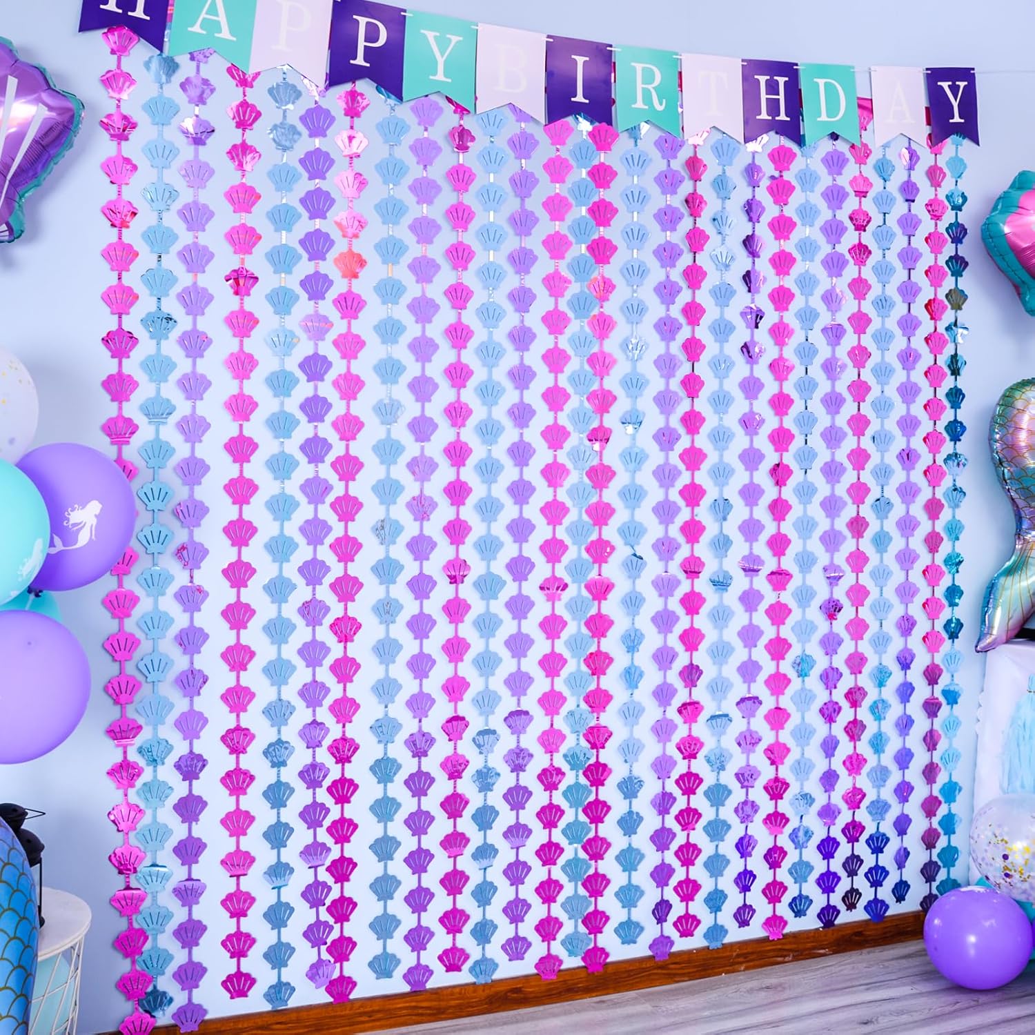 Cortinas de flecos de aluminio con temática de sirena, decoraciones de cumpleaños de sirena, 2 paquetes de 3.3 x 6.6 pies, color azul, morado y