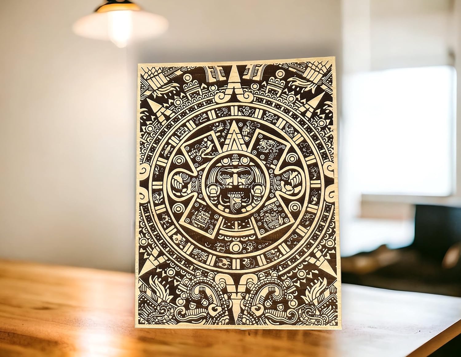 Urbalabs – Calendario azteca de madera para decoración de pared, 16 pulgadas, con zoom para colgar en la pared, calendario azteca mexicano,
