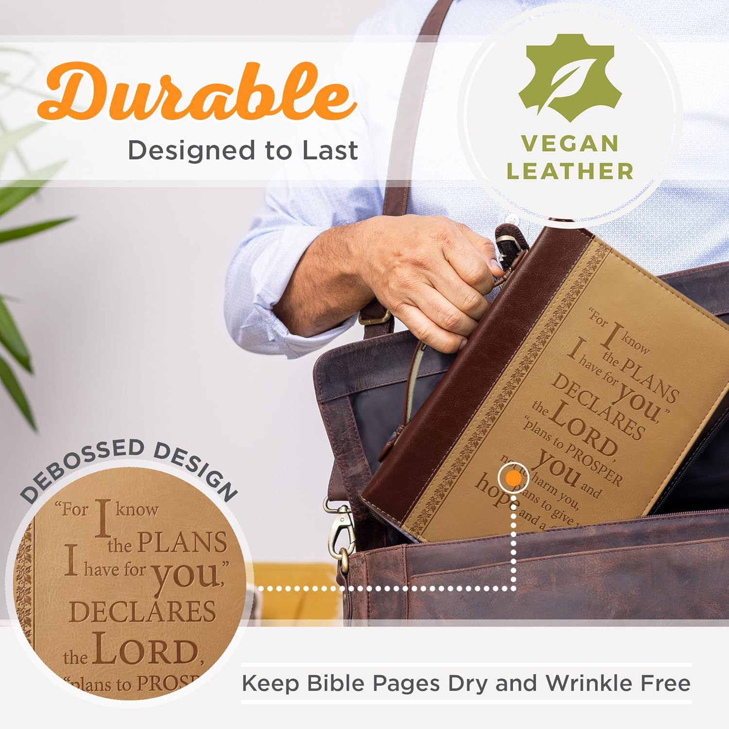 Christian Art Gifts Men’s Classic Bible Cover I Know The Plans Jeremiah 2911, BrownTan Faux Leather, XL Leather Bound