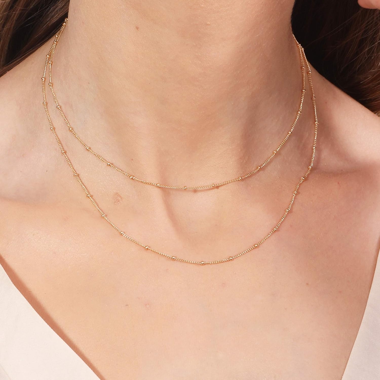 Dainty Double Chain Layered Necklace Women Choker Satellite Handmade Gold Jewelry 16″+extension