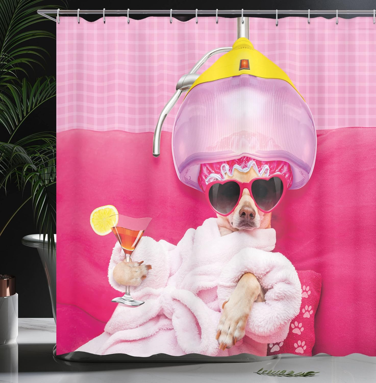 Ambesonne Divertida cortina de ducha, diseño de perro Chihuahua, relajante y acostado en el spa, estampado cómico de moda de cachorro, juego de
