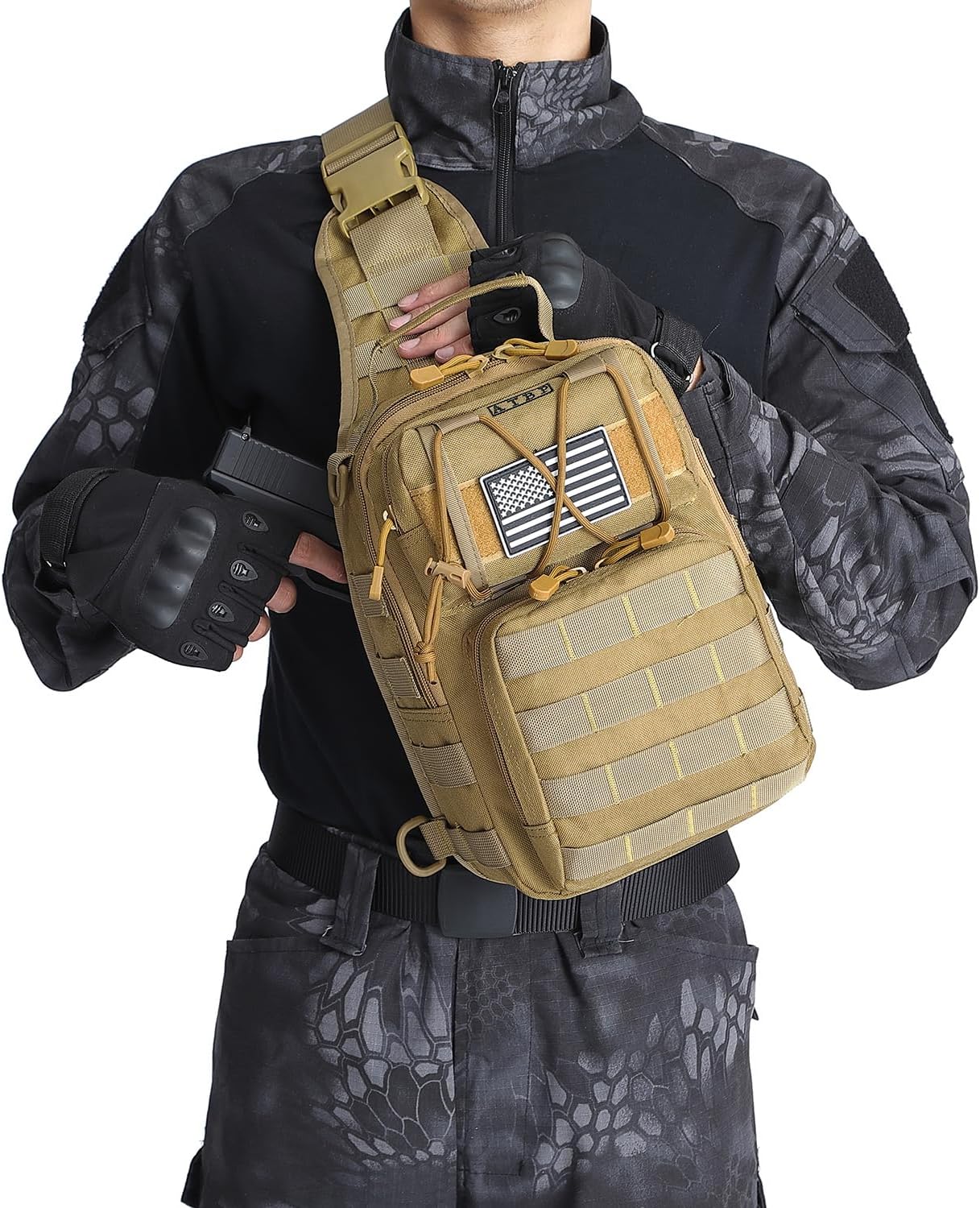 ATBP Mochila táctica para hombre, bolsa militar de una correa para el hombro, bolsa cruzada con funda de 10 litros, Marrón Bronceado Caqui, Mochilas