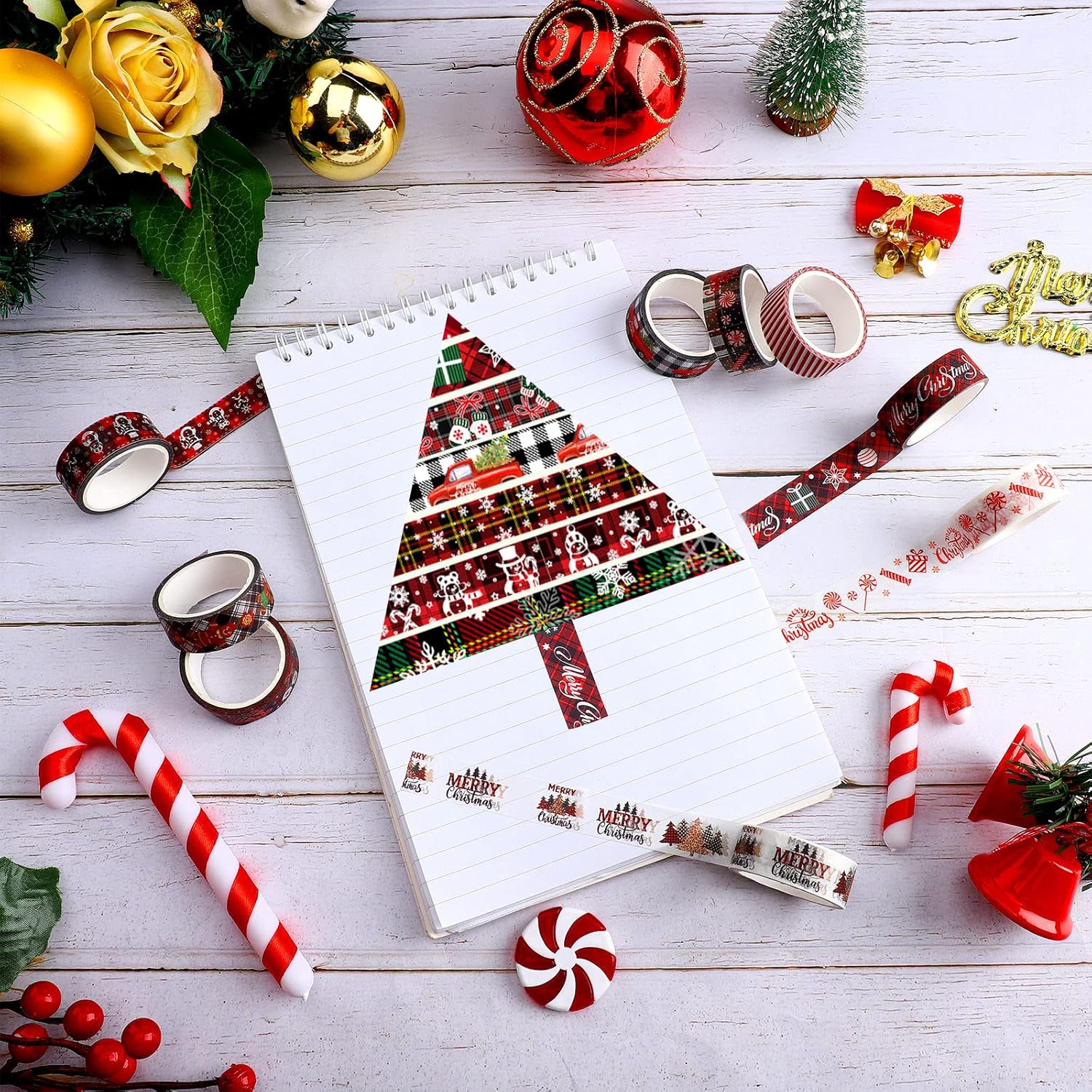 Juego de 12 rollos de cinta Washi a cuadros de Navidad, cinta decorativa de colores, cinta adhesiva de papel de Navidad, cinta adhesiva de papel de