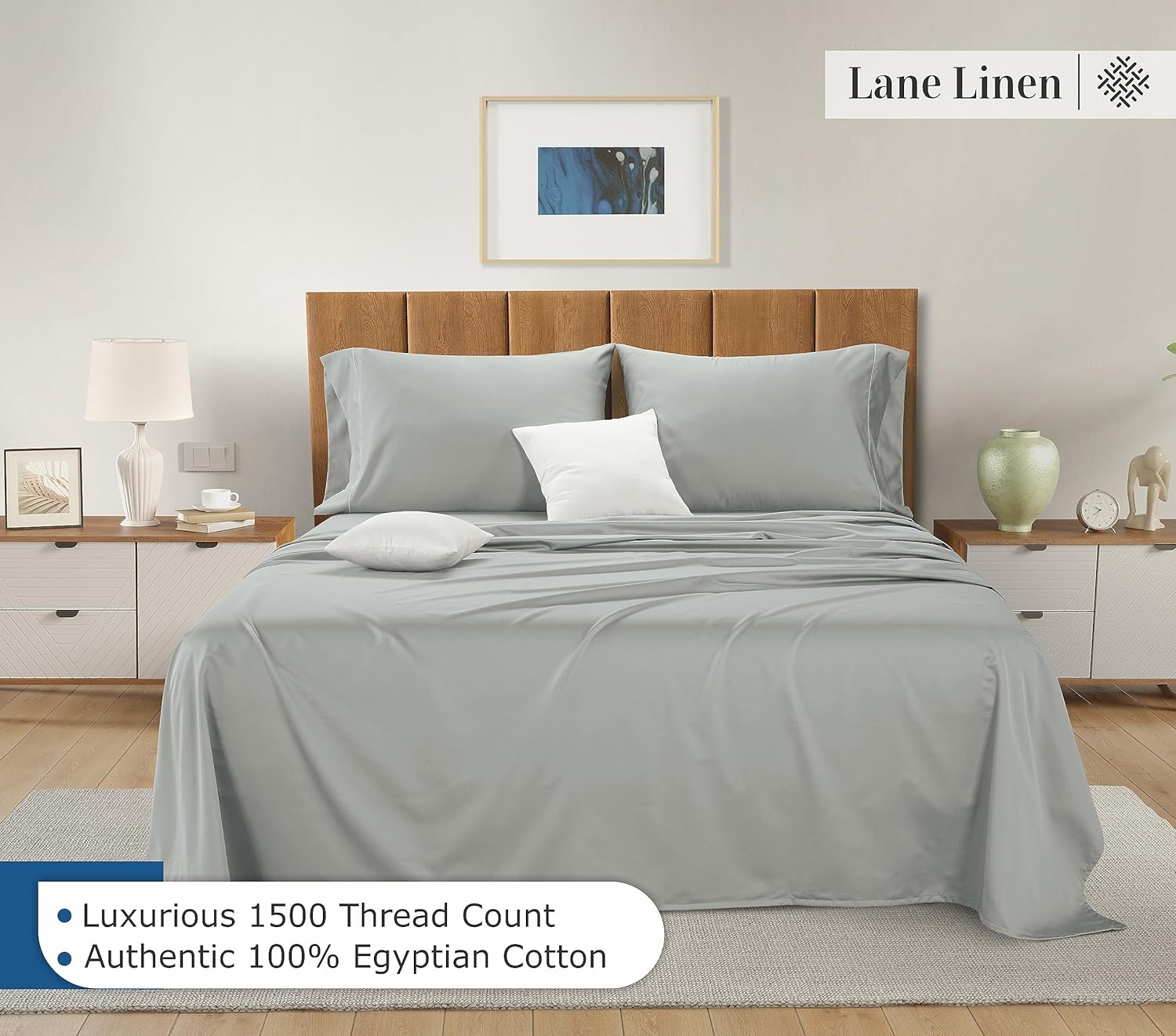 LANE LINEN Juego de sábanas de 100% algodón egipcio, 1500 hilos, 4 piezas, sábanas de algodón tamaño Queen, sábanas de lujo con tejido satinado,