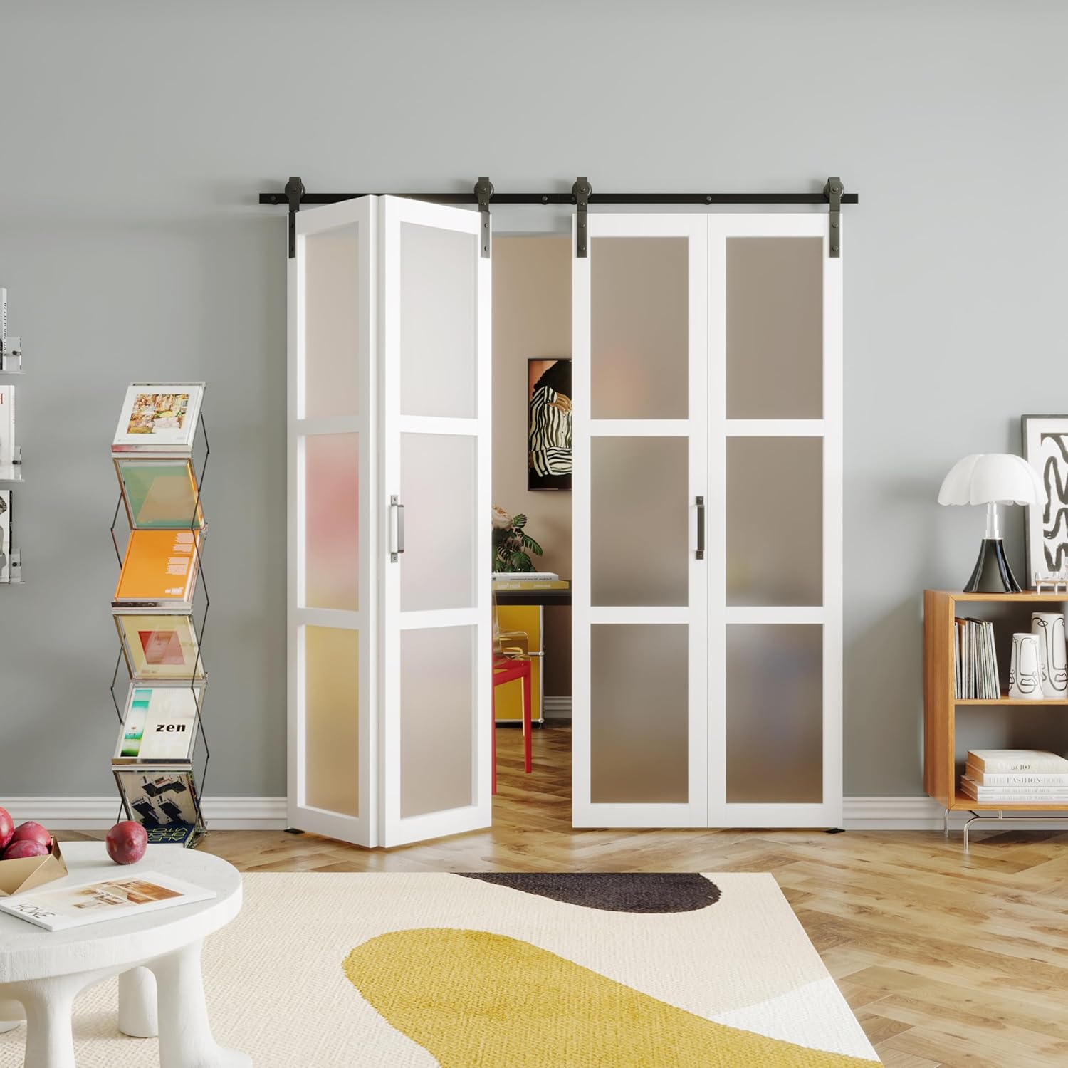 Puerta corredera de granero biplegable de 72 pulgadas x 2 pulgadas x 84 pulgadas, panel de vidrio templado esmerilado de 3 litros con juego de