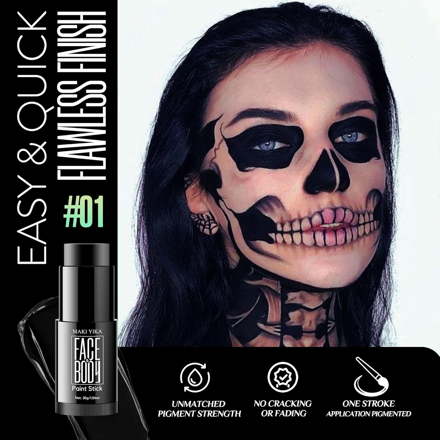 Barra de pintura negra para la cara y el cuerpo, fútbol negro de ojos, béisbol y sóftbol negro, no tóxico para deportes, fantasma, esqueleto,