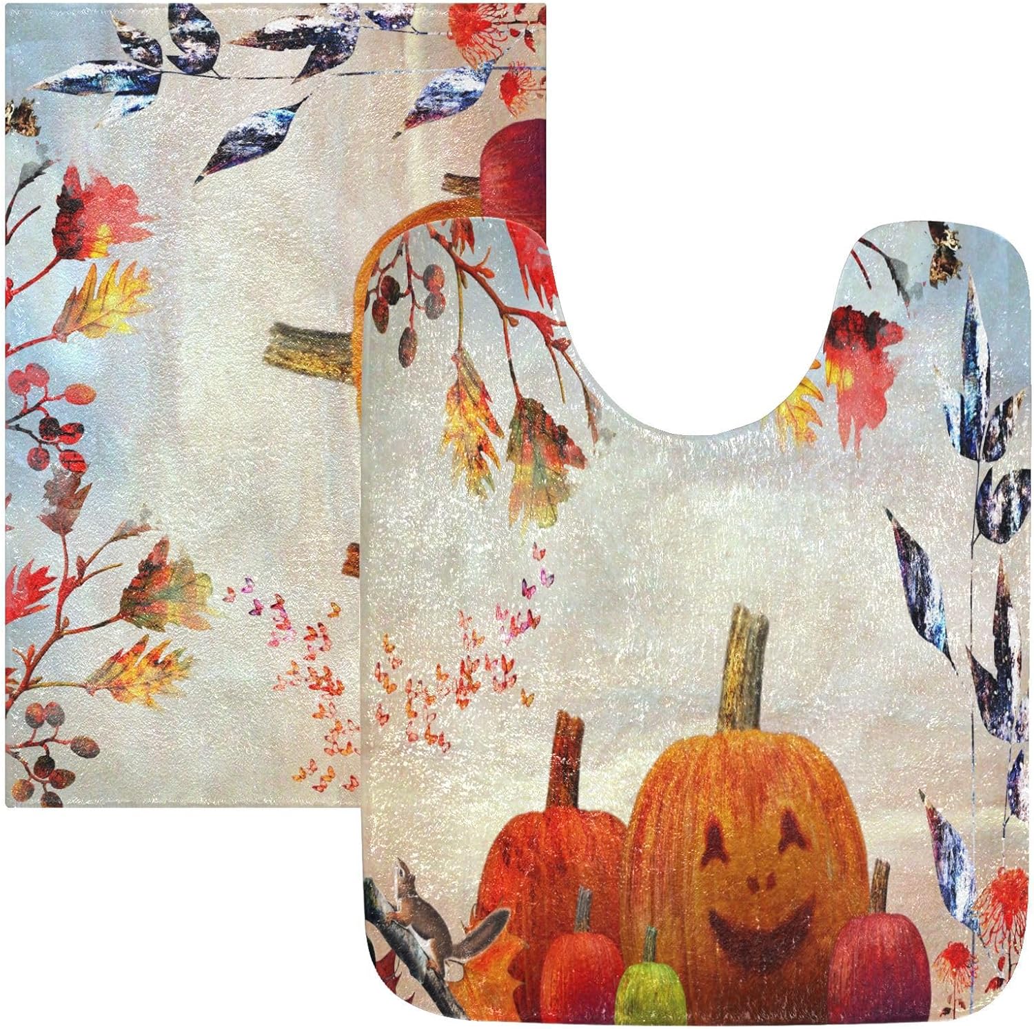 Bathroom Rugs Sets 2 Piece 24×16+24×20 Inch,Soft U-Shaped Contour Toilet Rug Halloween Pumpkin Retro Non-Slip Absorbent Bath Floor Mat Carpet Set