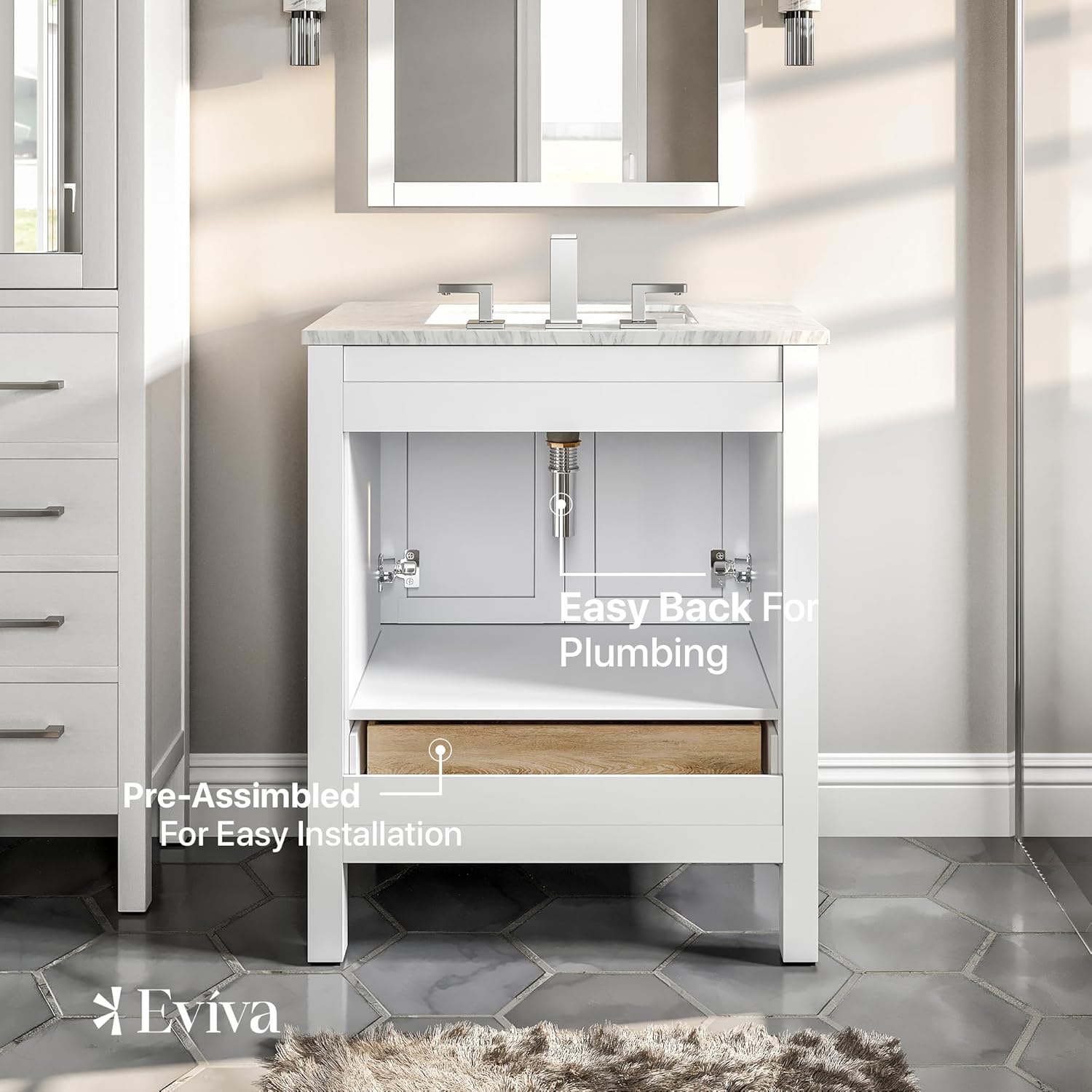 Eviva Aberdeen – Tocador de baño moderno – Tocador de baño pequeño de madera maciza blanca de 30 pulgadas con fregadero, tocador de baño de