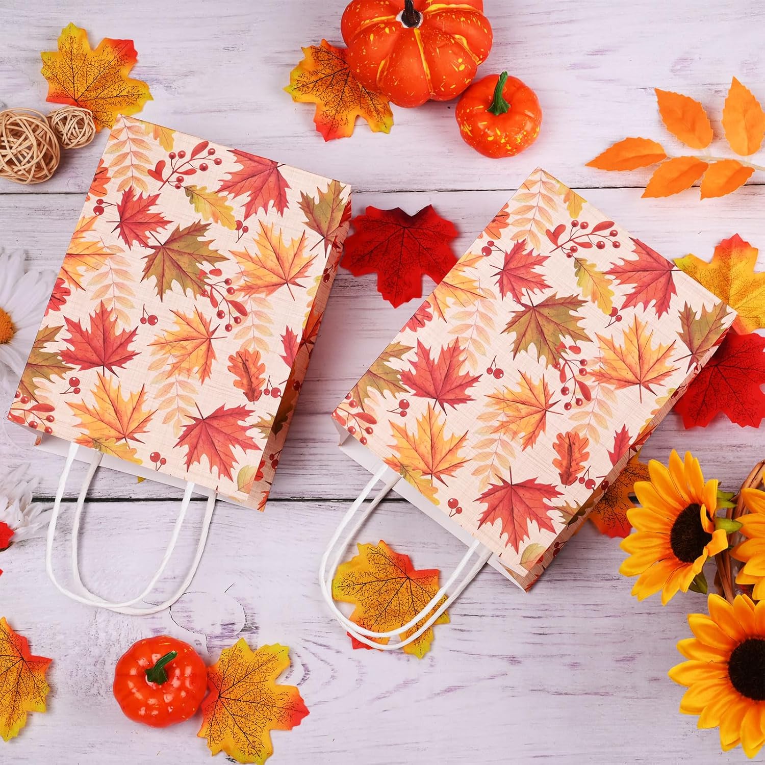 16 bolsas de fiesta de hojas de otoño, bolsas de regalo de otoño, bolsas de papel, elementos de diseño, bolsas de regalo con asas para fiestas de