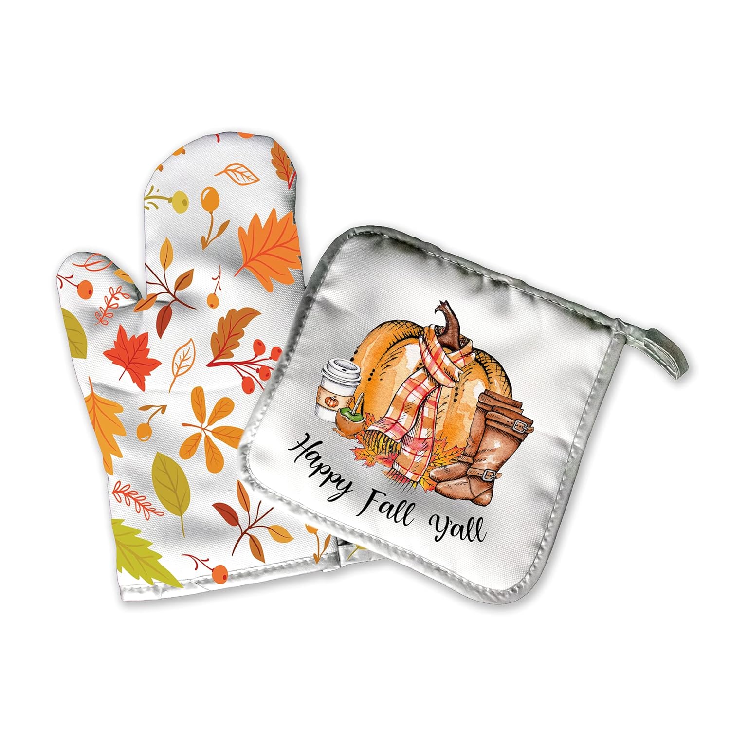 Decorative Cloth Kitchen Oven Mitt Pot Holder Set  Autumn Fall Halloween  Home Decor Seasonal Holiday Decorations  Rustic Harvest Pumpkin Spice