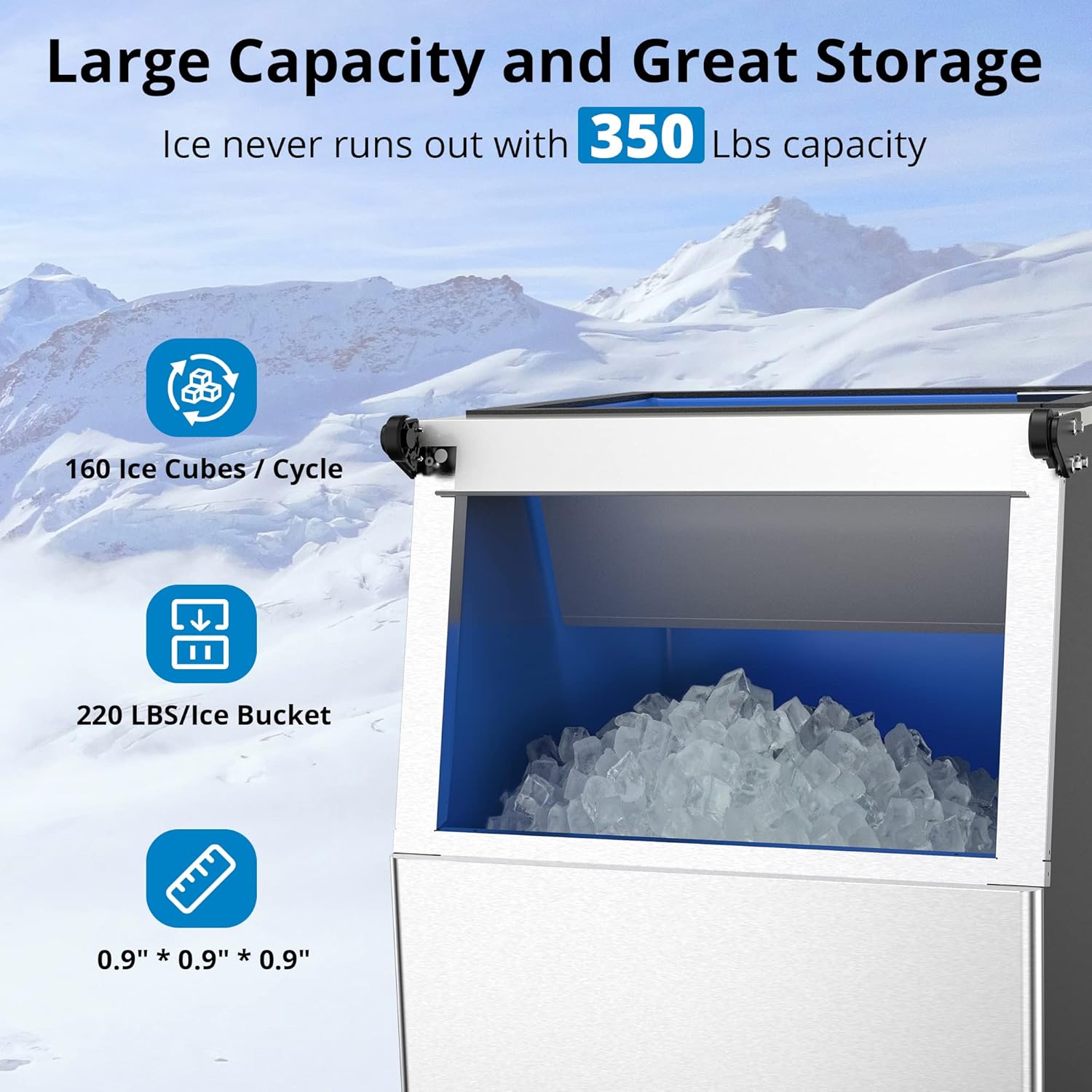 Máquina de hielo comercial de 350 libras24 horas, máquina de hielo industrial de acero inoxidable con contenedor de almacenamiento grande de 220
