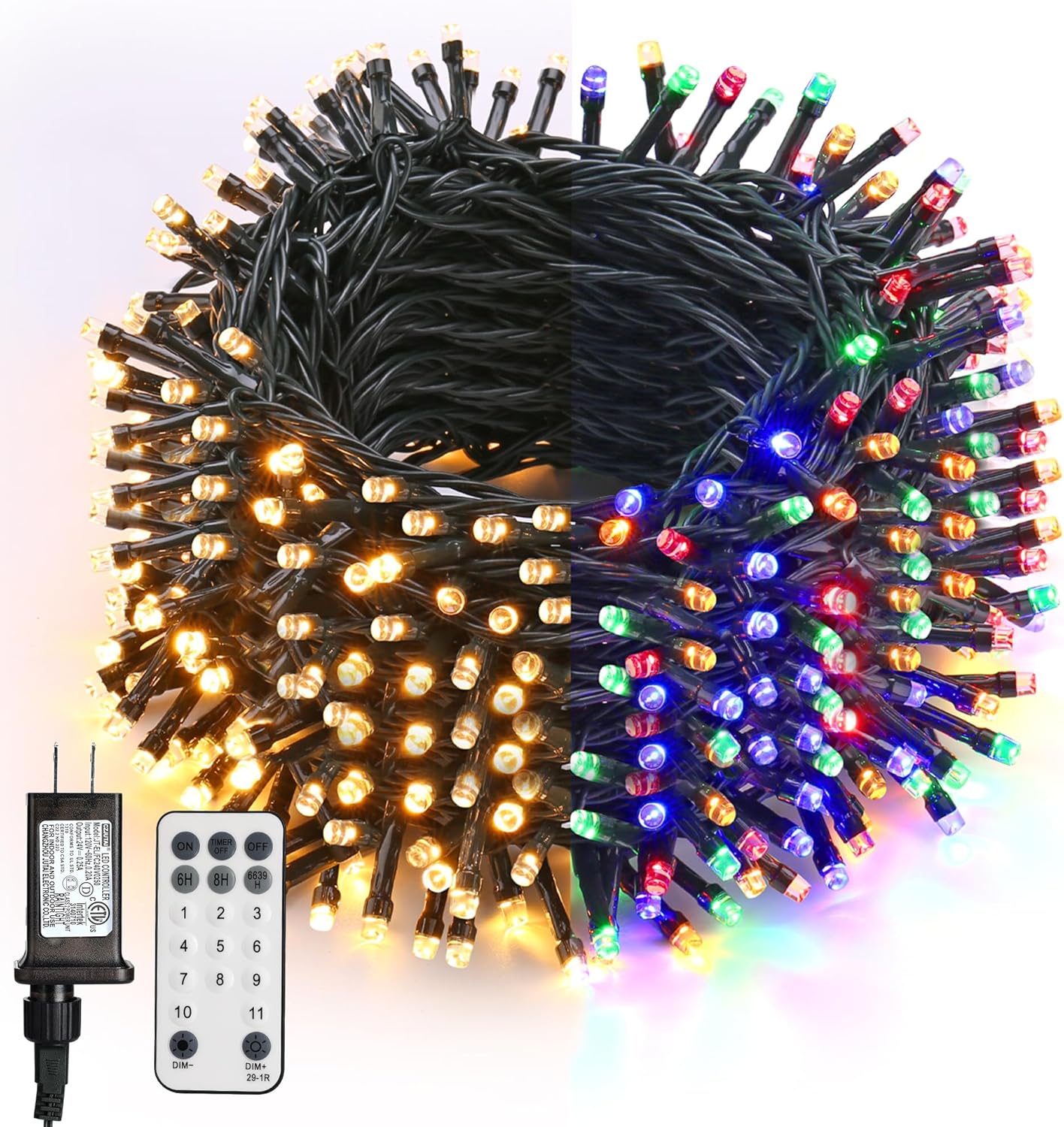 BrizLabs – Luces de Navidad, tono blanco cálido y multicolor, 180 pies, 500 LED que cambian de color, 11 modos de iluminación, control remoto,