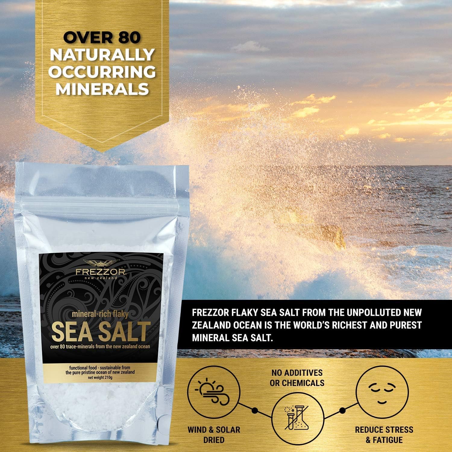 FREZZOR Paquete combinado de sal marina escamosa rica en minerales con colágeno hidrolizado FREZZOR fabricado en Nueva Zelanda, copos Kosher,
