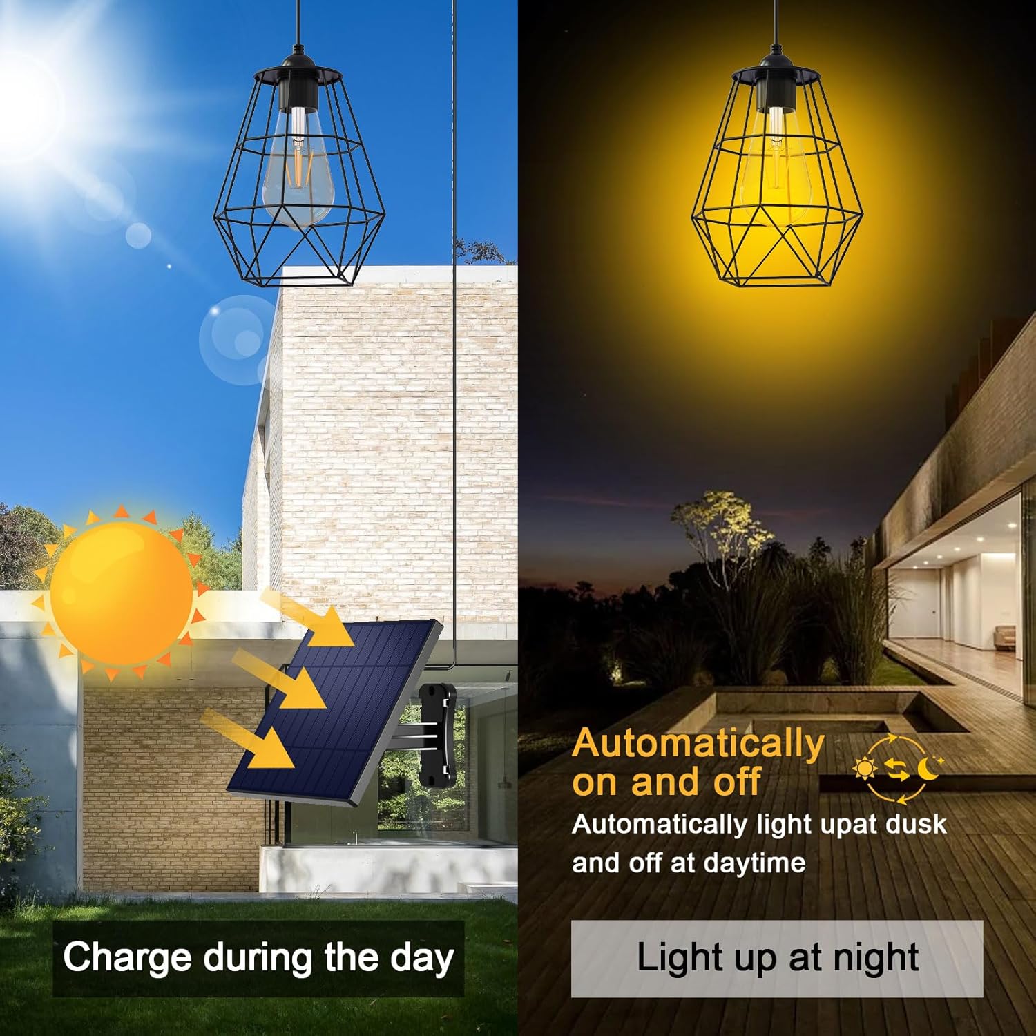 Lámpara solar para exteriores, lámpara colgante con energía solar, cable de 16 pies, temporizador de iluminación del atardecer al amanecer, control