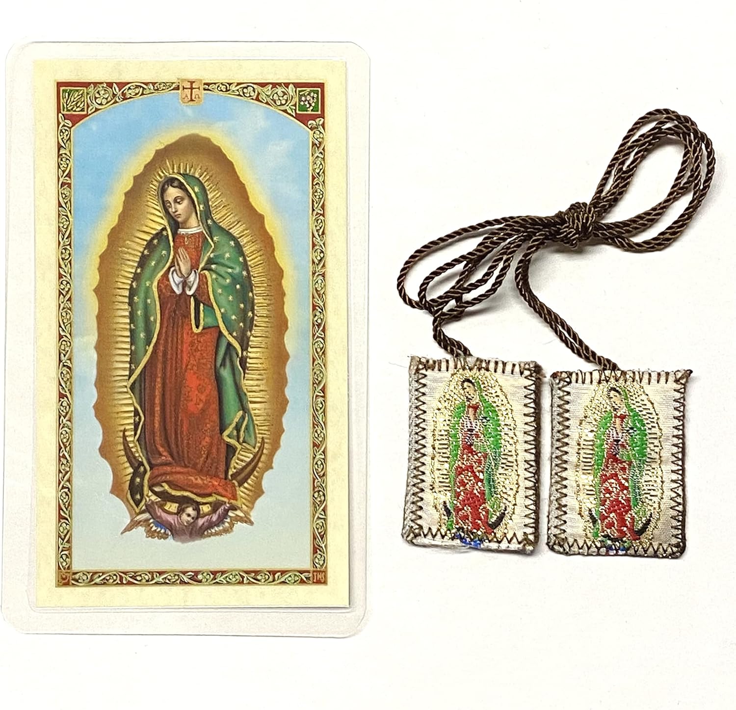 Gigi’s Classy Kids Virgen de Guadalupe Escapulario Café Tarjeta de Oración Español Set de regalo religioso Tarjeta de oración santa