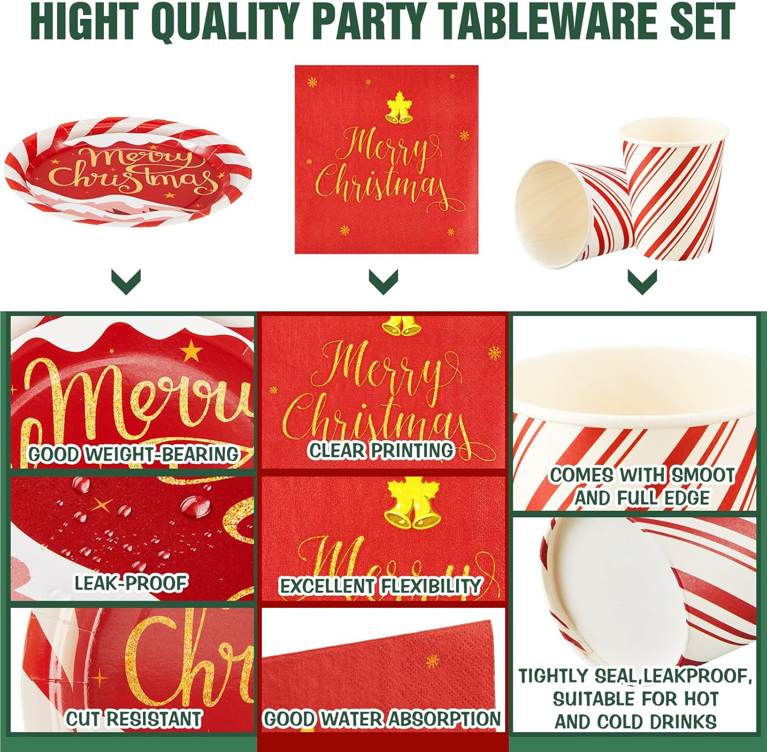 Juego de vajilla de 200 piezas para fiesta de Navidad, bastón de caramelo, a rayas, para 50 platos de papel desechables de 9 pulgadas, taza de 9