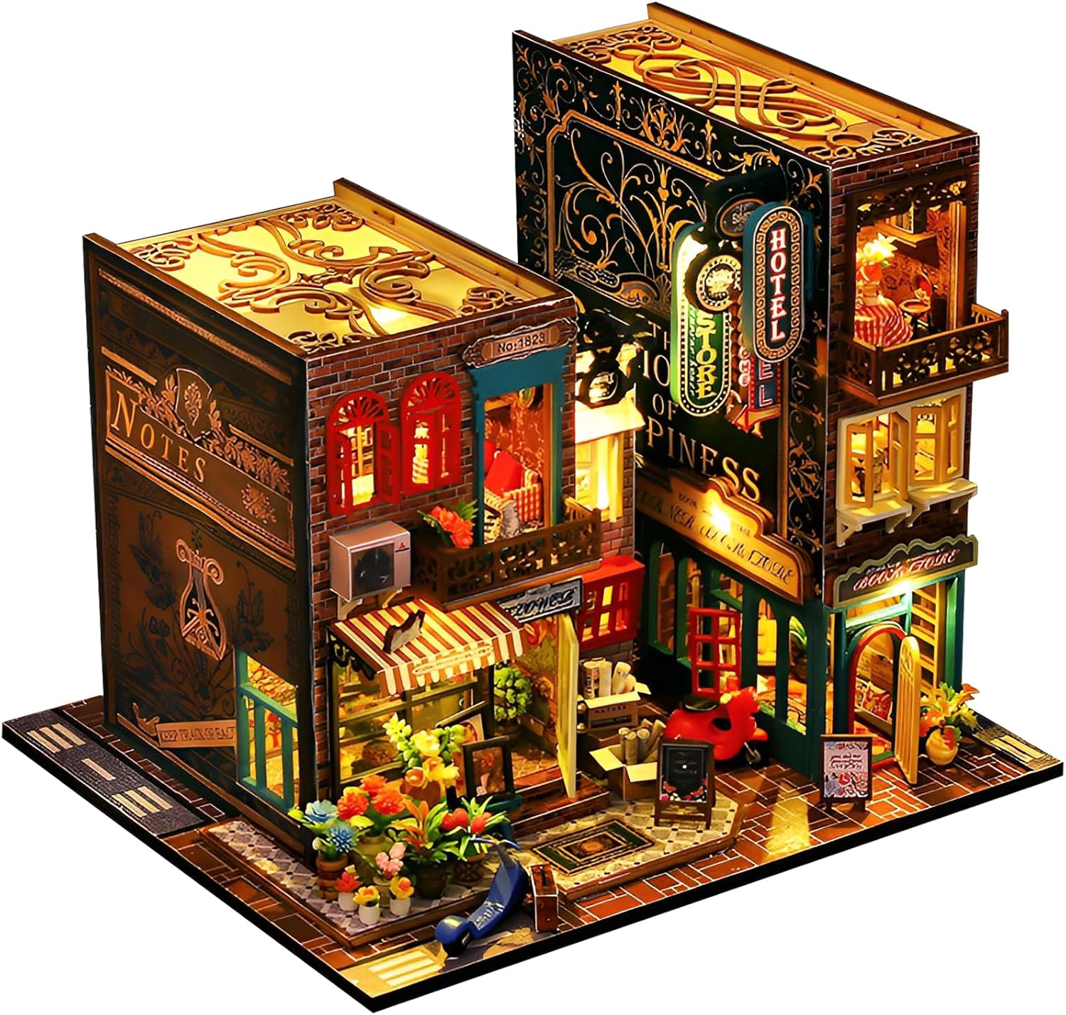 Tzgsonp Kit de rincón de libros, casa de muñecas de bricolaje, estante de libros, decoración de callejón con luz LED, kit de rincón de libros en
