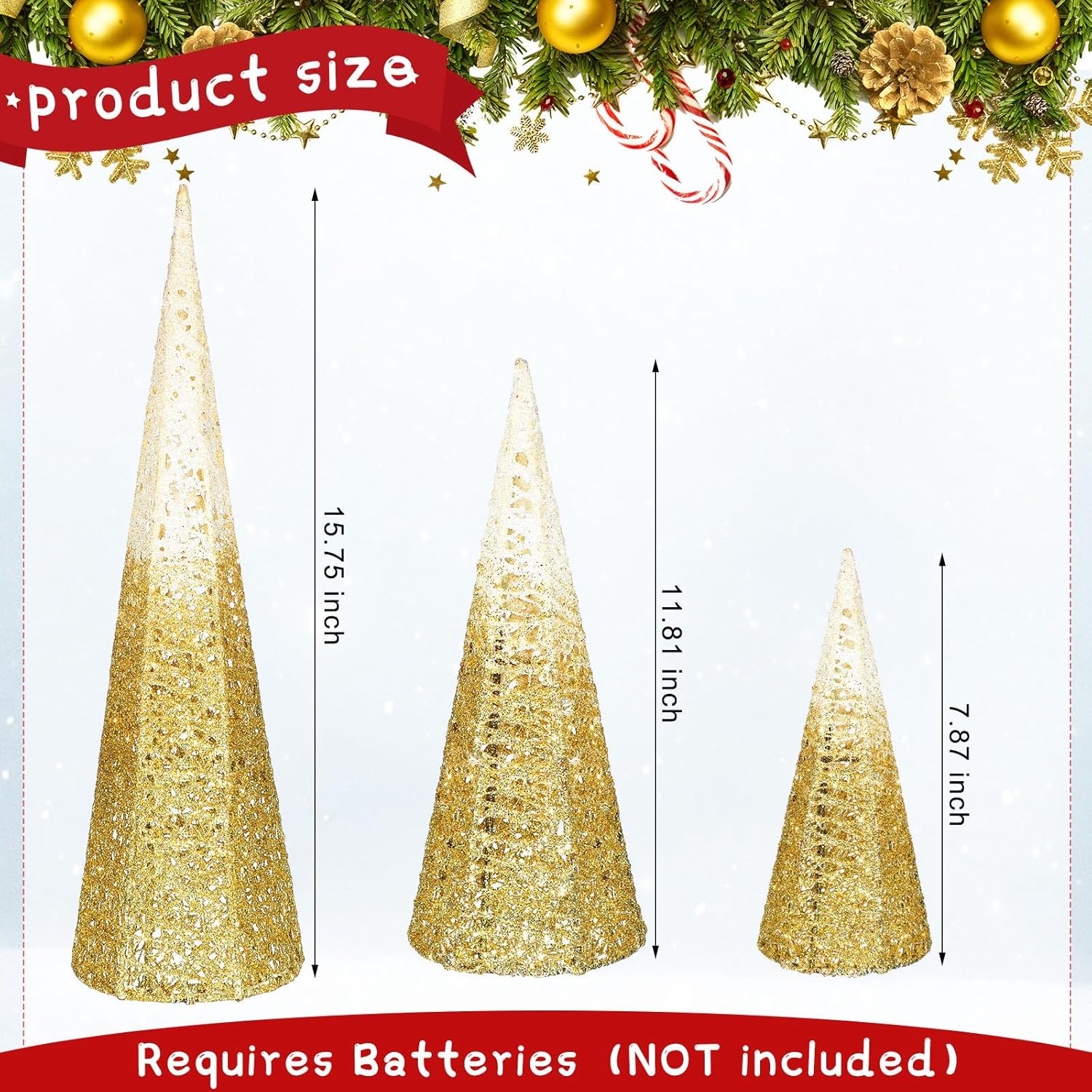 VIHOSE 4 árboles de cono de Navidad iluminados con purpurina blanca y dorada, decoración de mesa de Navidad para interiores pequeños con luces LED,