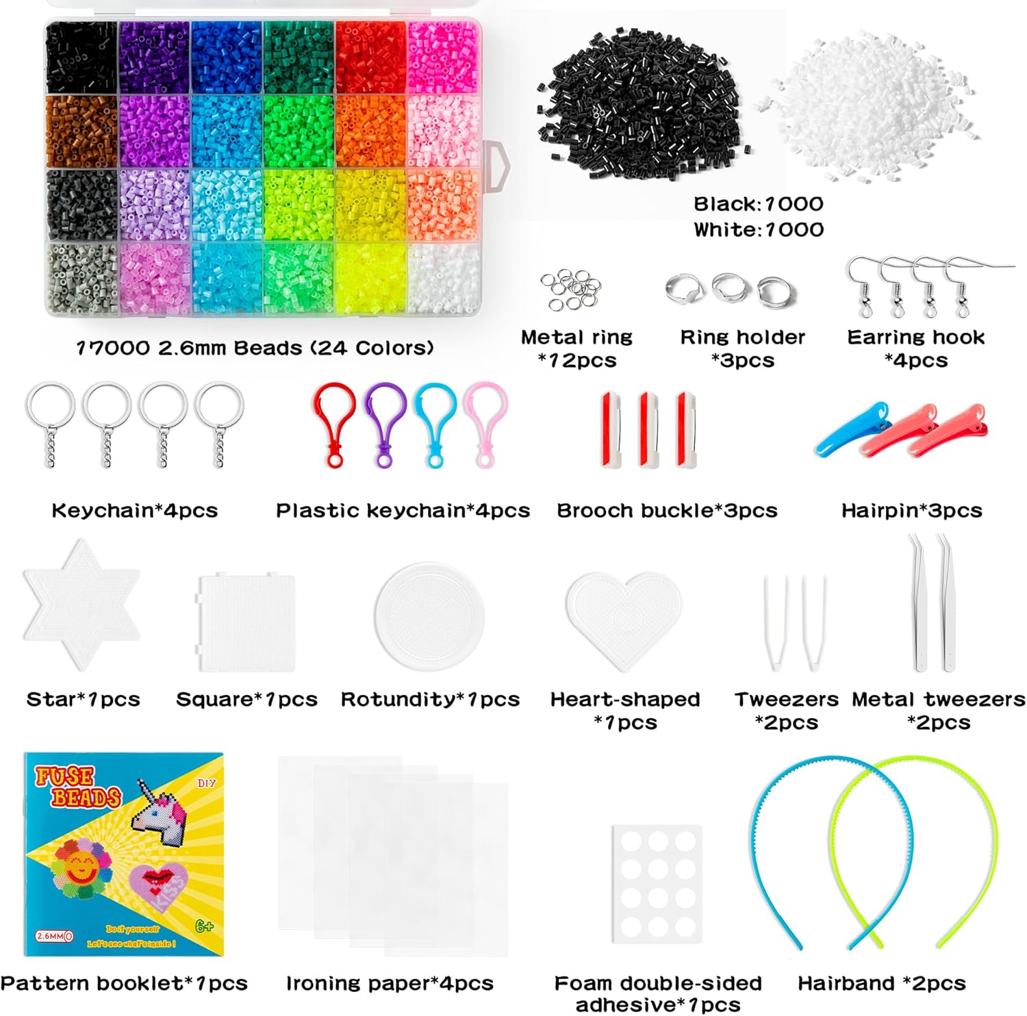 Kit de 17060 cuentas de fusibles para niños, juego de cuentas de fusión para manualidades, incluye 24 colores de cuentas de hierro de 0.096