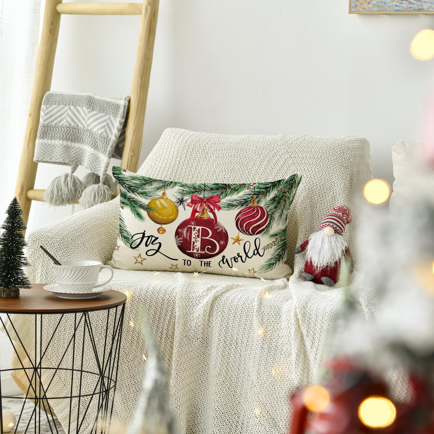 AVOIN colorlife Funda de almohada con monograma de Navidad, letra B, 12 x 20 pulgadas, diseño de letras de apellido Joy to The World, decoración con