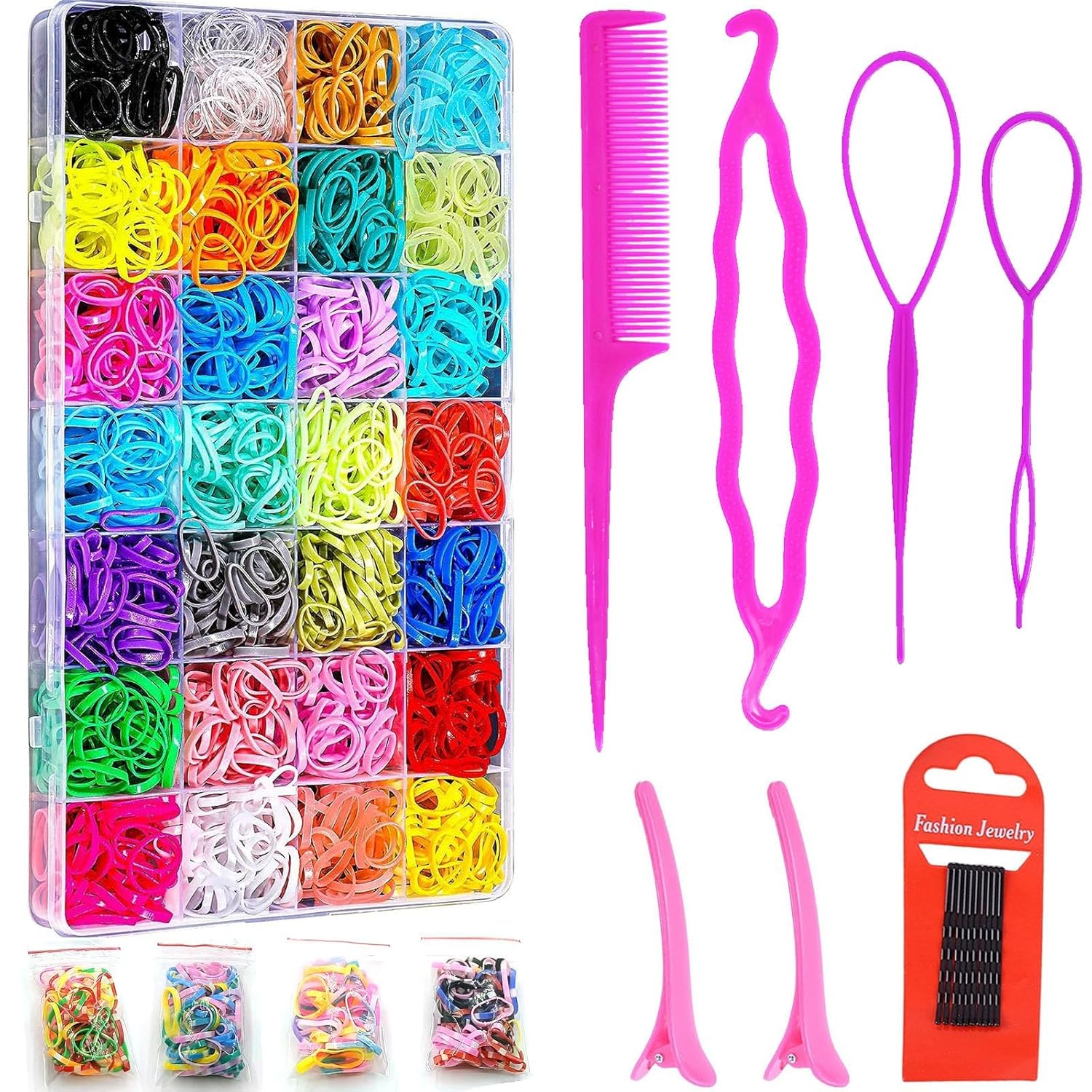 Lazos para el cabello, bandas de goma de 32 colores para el cabello, elásticos para el cabello con 16 herramientas de peinado, 2000 lazos pequeños