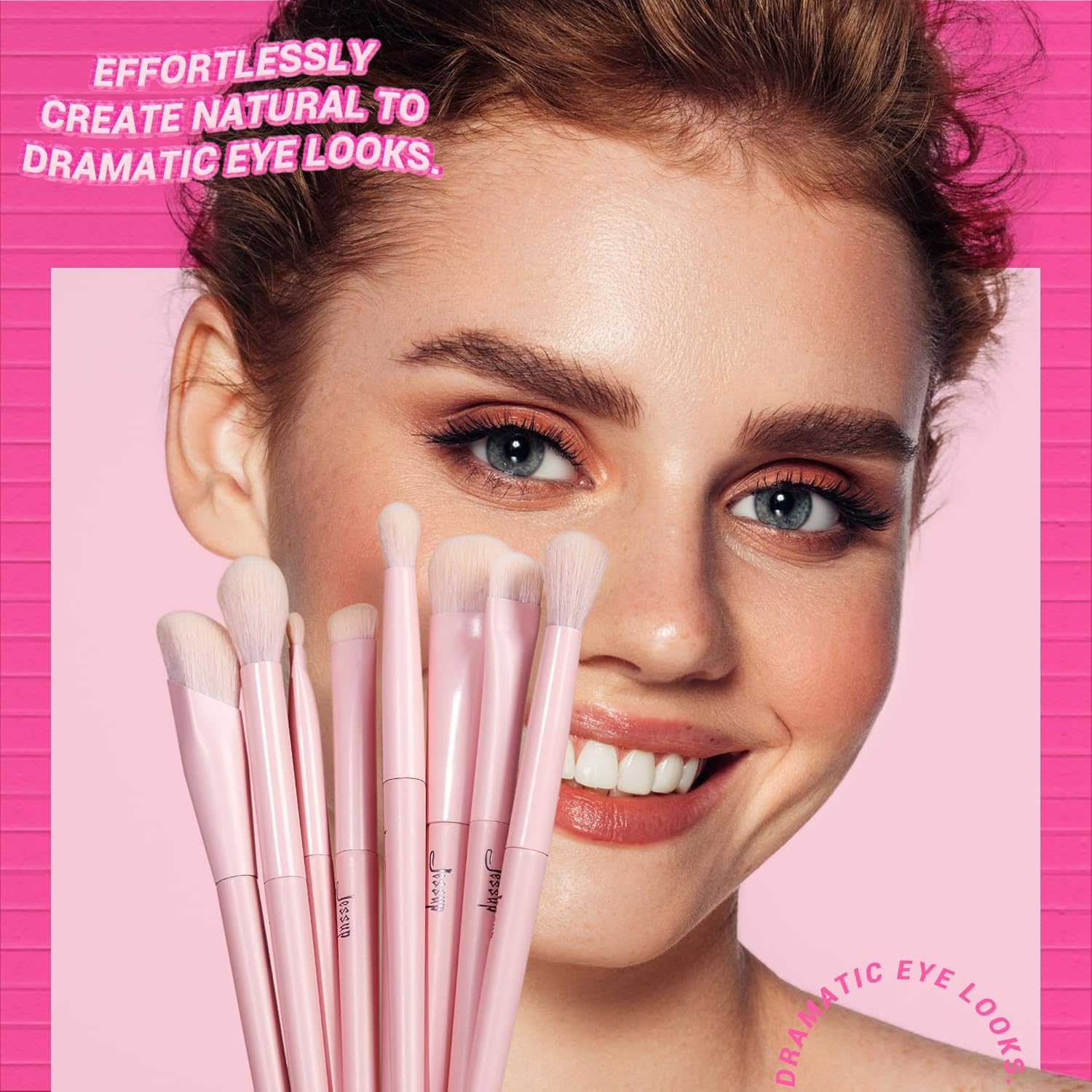 Jessup Juego de 14 brochas de maquillaje rosadas, brochas de maquillaje veganas de primera calidad, corrector de base, rubor, sombra de ojos,