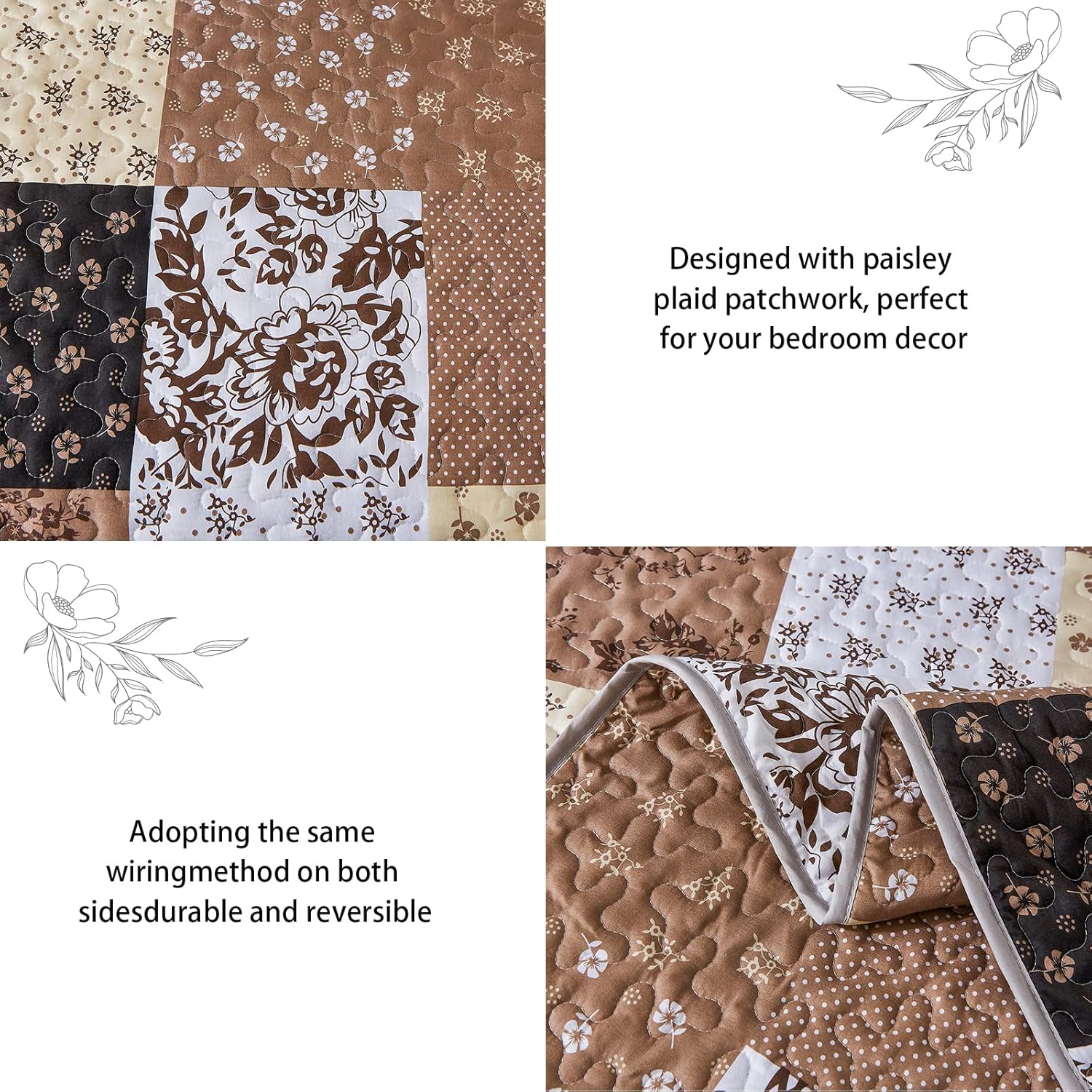 Juego de edredón de retazos marrones, tamaño California King, juego de colcha reversible de 3 piezas a cuadros florales caqui para todas las