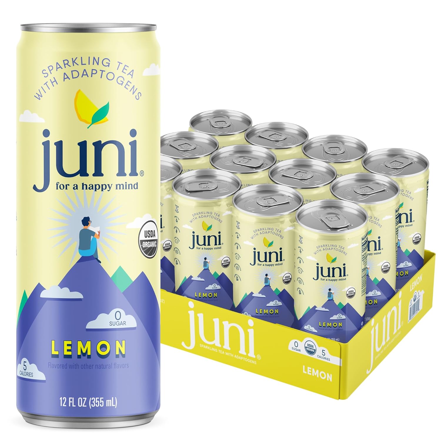 Juni Té espumoso  Cero azúcar, 5 calorías, 33 mg de cafeína natural del té verde  Fabricado con 5 supermezcla de adaptógenos y nootrópicos (paquete