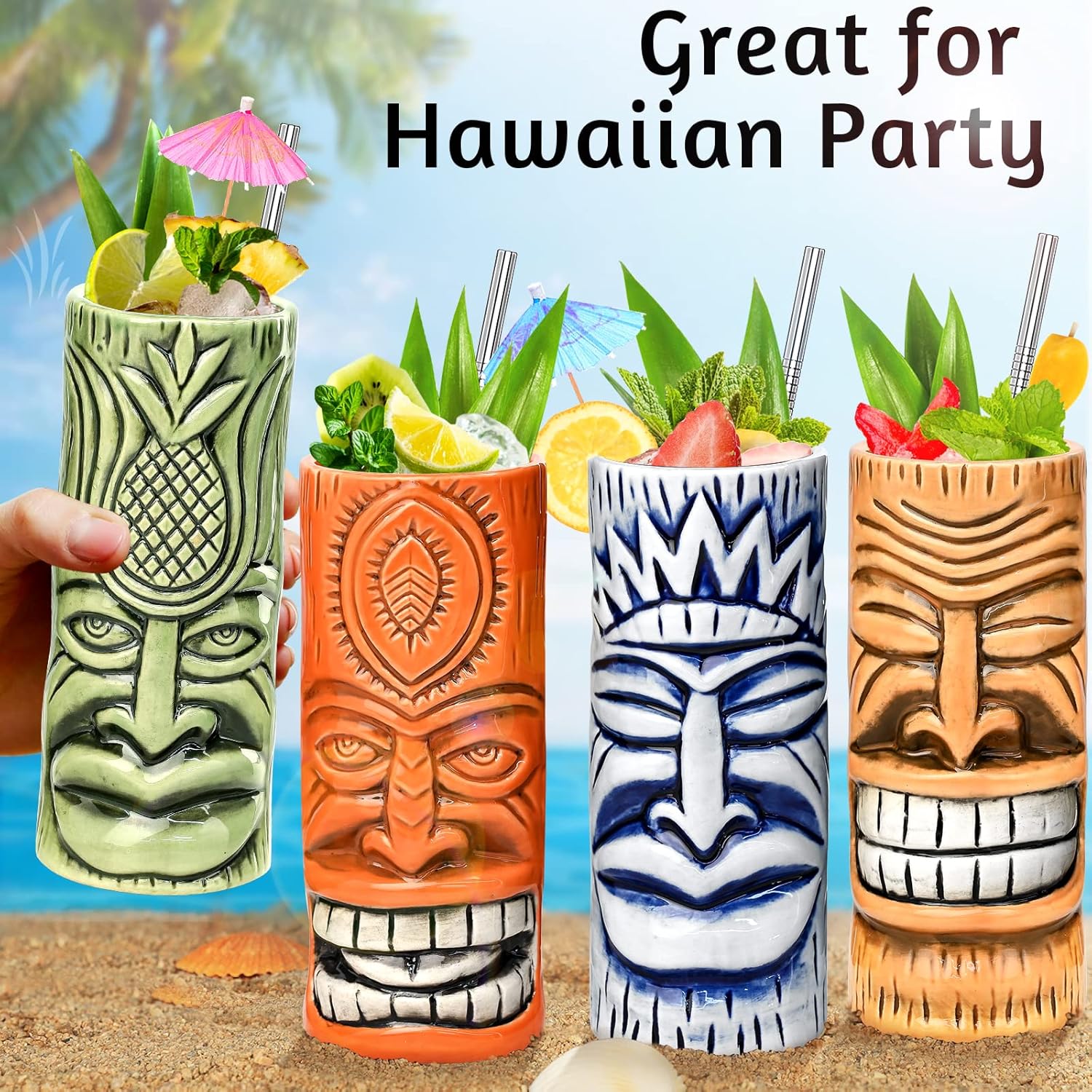 Tiki Mugs – Juego de 4 tazas de cóctel de cristal Tiki de cerámica, vasos de cóctel únicos, taza hawaiana profesional de bar y Halloween fiesta de