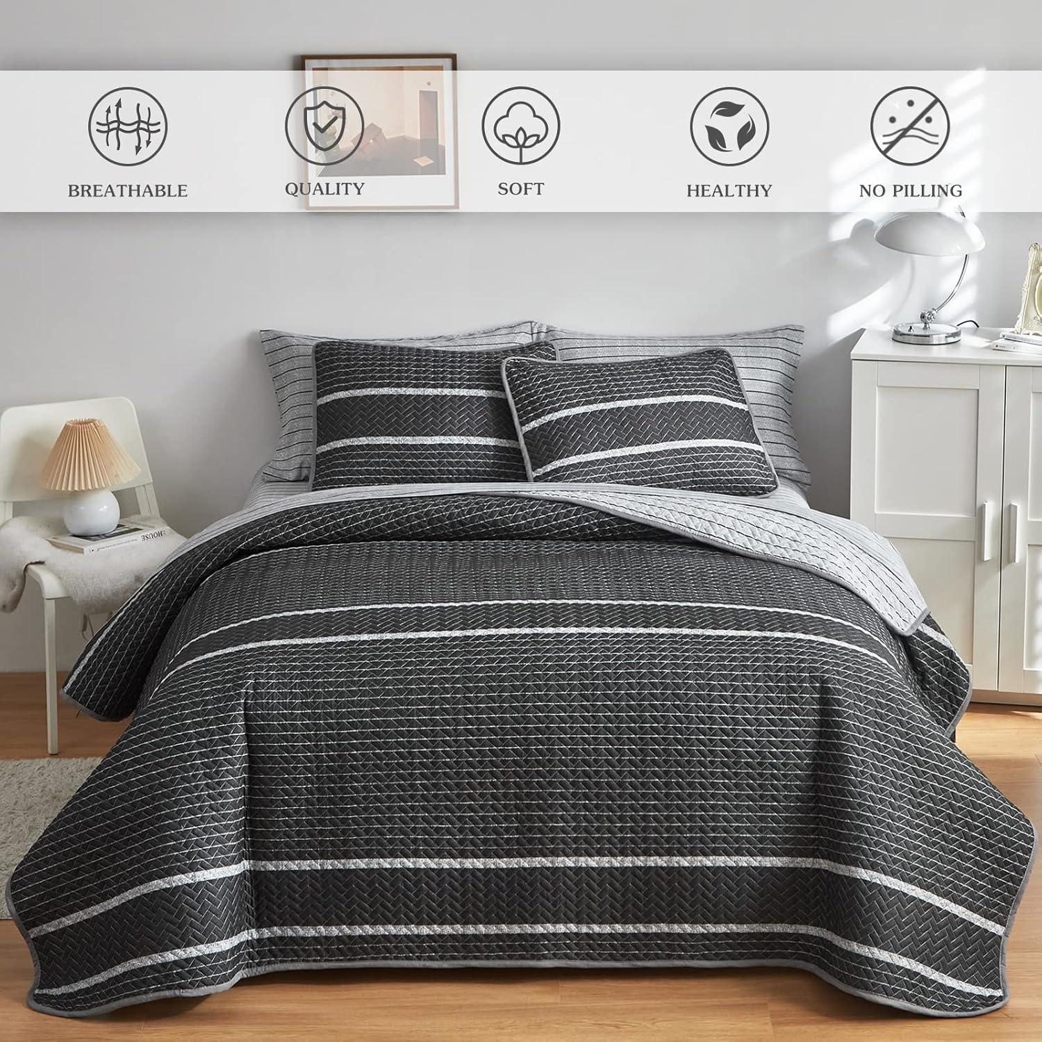 Flysheep Juego de edredón bohemio gris oscuro tamaño individual para niños, 2 piezas de edredón reversible a rayas blancas sobre negro, colcha de