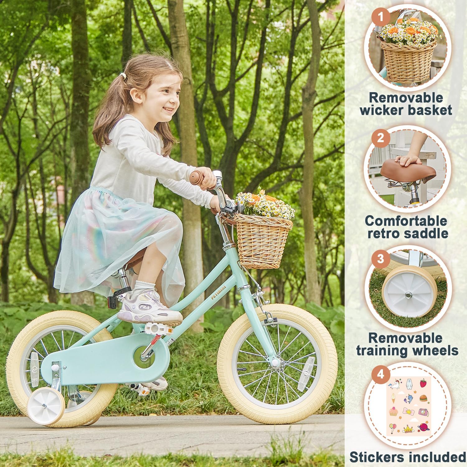 Petimini Bicicleta para niñas con cesta para niños de 2 a 12 años, bicicleta de 12, 14, 16, 18 y 20 pulgadas, con ruedas de entrenamiento de