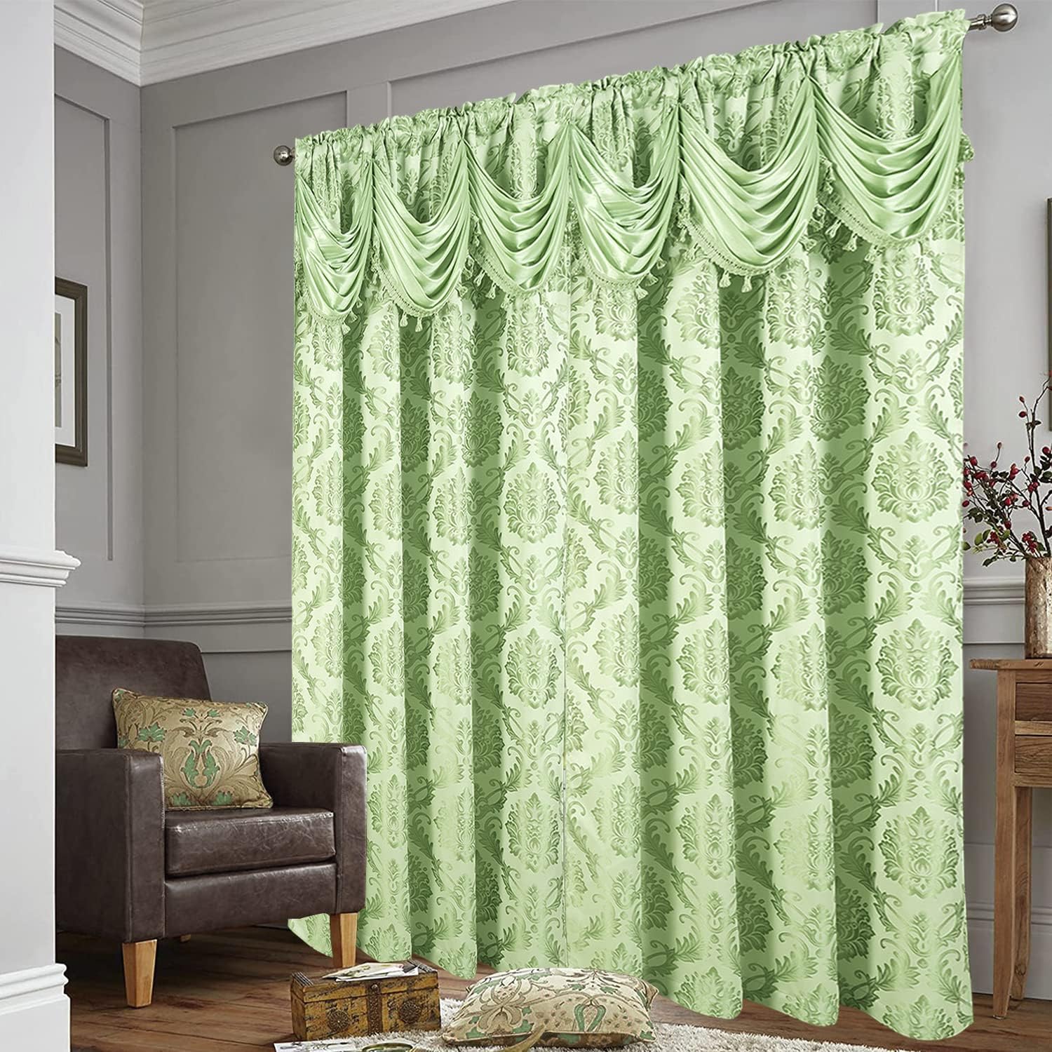 Juego de 2 paneles de cortinas de jacquard de lujo para ventana, con cenefa adjunta y dos alzapaños, 108 x 84 pulgadas de largo, diseño elegante