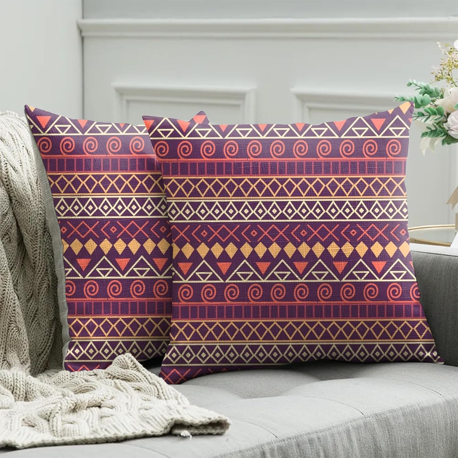 Juego de 2 fundas de almohada bohemias de 18 x 18 pulgadas, diseño étnico de lino, alfombra persa, decoración del hogar para sala de estar y