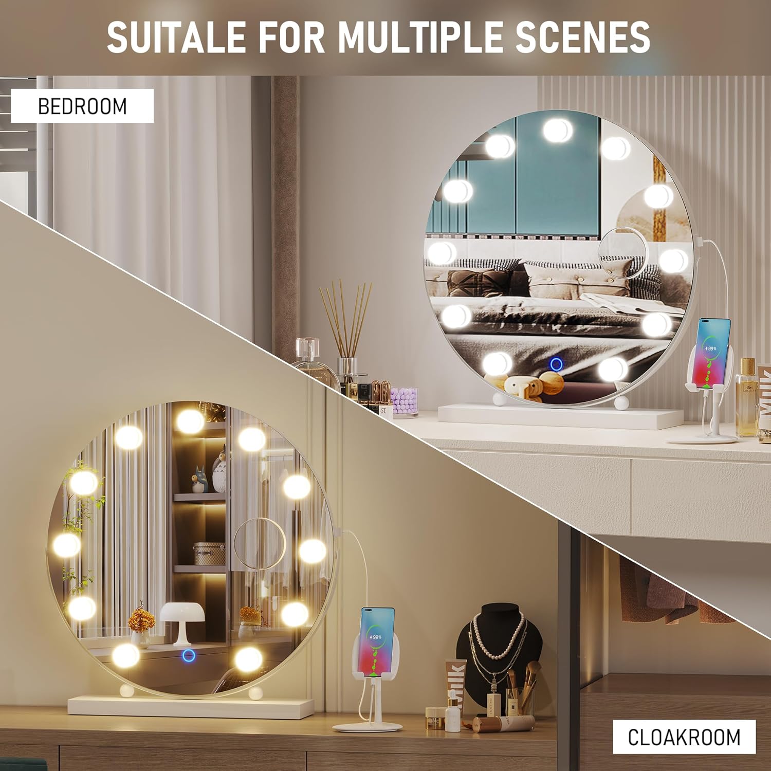 LVSOMT Hollywood Espejo de tocador de maquillaje con luces, espejo LED de 20 pulgadas con aumento de 10X, espejo de escritorio iluminado con 3 modos