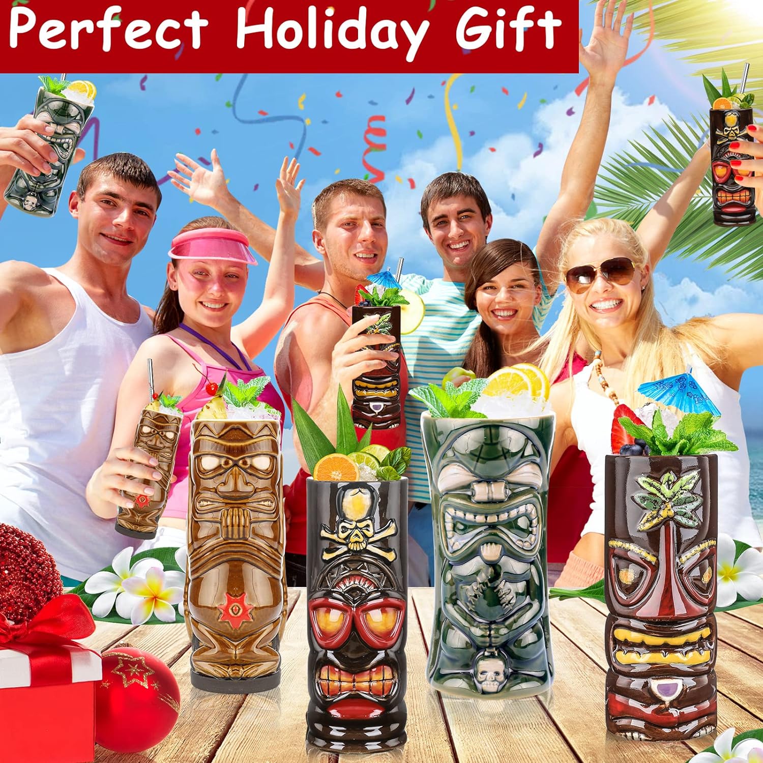 Juego de 4 tazas Tiki de cerámica grandes Tiki tazas hawaianas Luau para fiestas, tazas Tiki Bar para cócteles