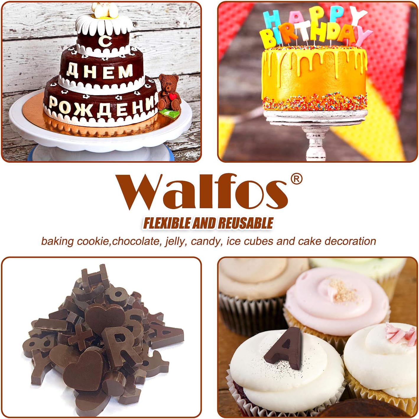 Walfos Molde de silicona para letras y números de chocolate, molde antiadherente para chocolate, hecho de silicona de grado alimenticio, sin BPA,