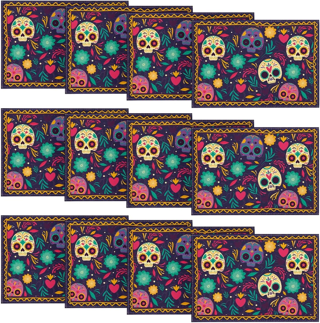 Artoid Mode Juego de 12 manteles individuales con diseño de caléndulas de acuarela con caléndulas y caléndulas del Día de los Muertos de 12 x 18