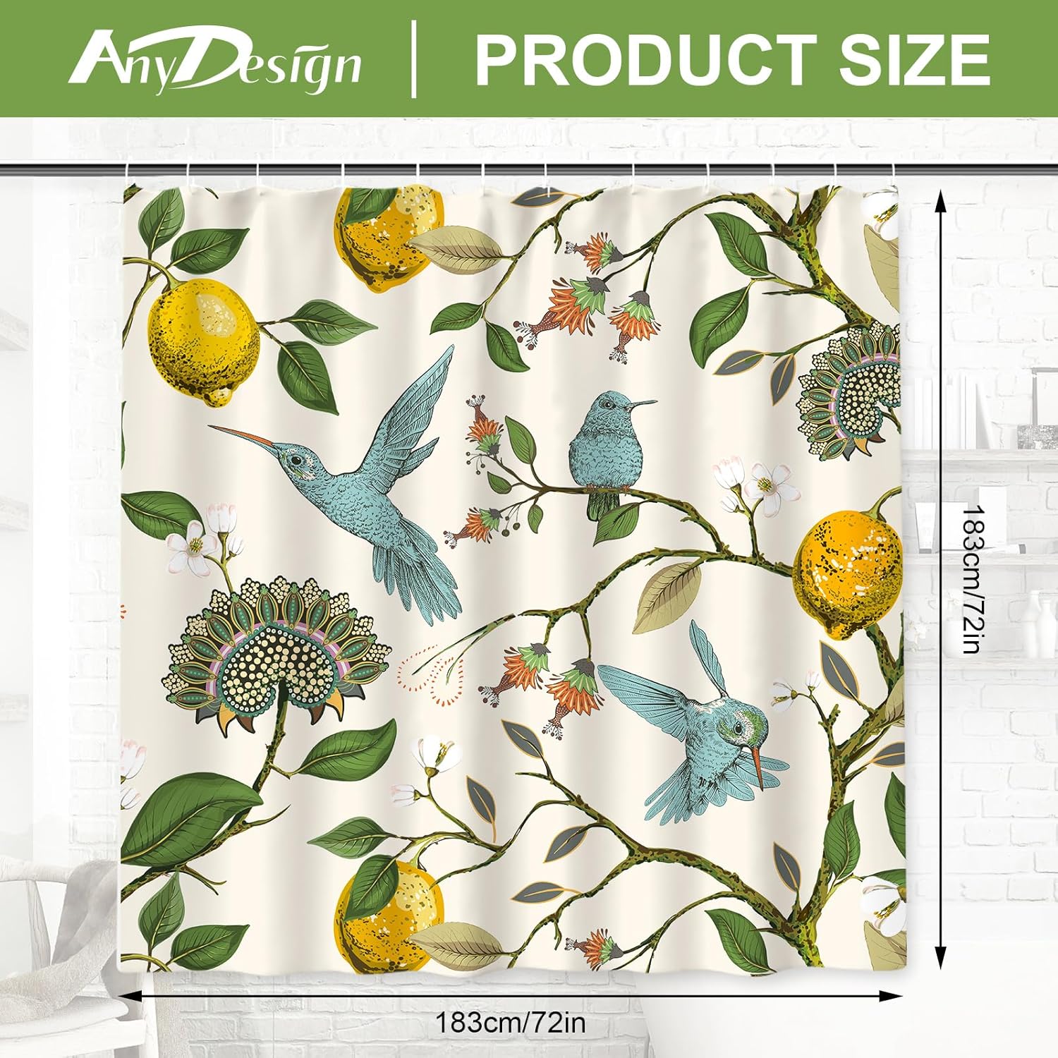 AnyDesign – Cortina de ducha de limón, diseño de pájaros azules, árbol de limón, decoración de baño, juego de cortina de baño retro con ganchos para