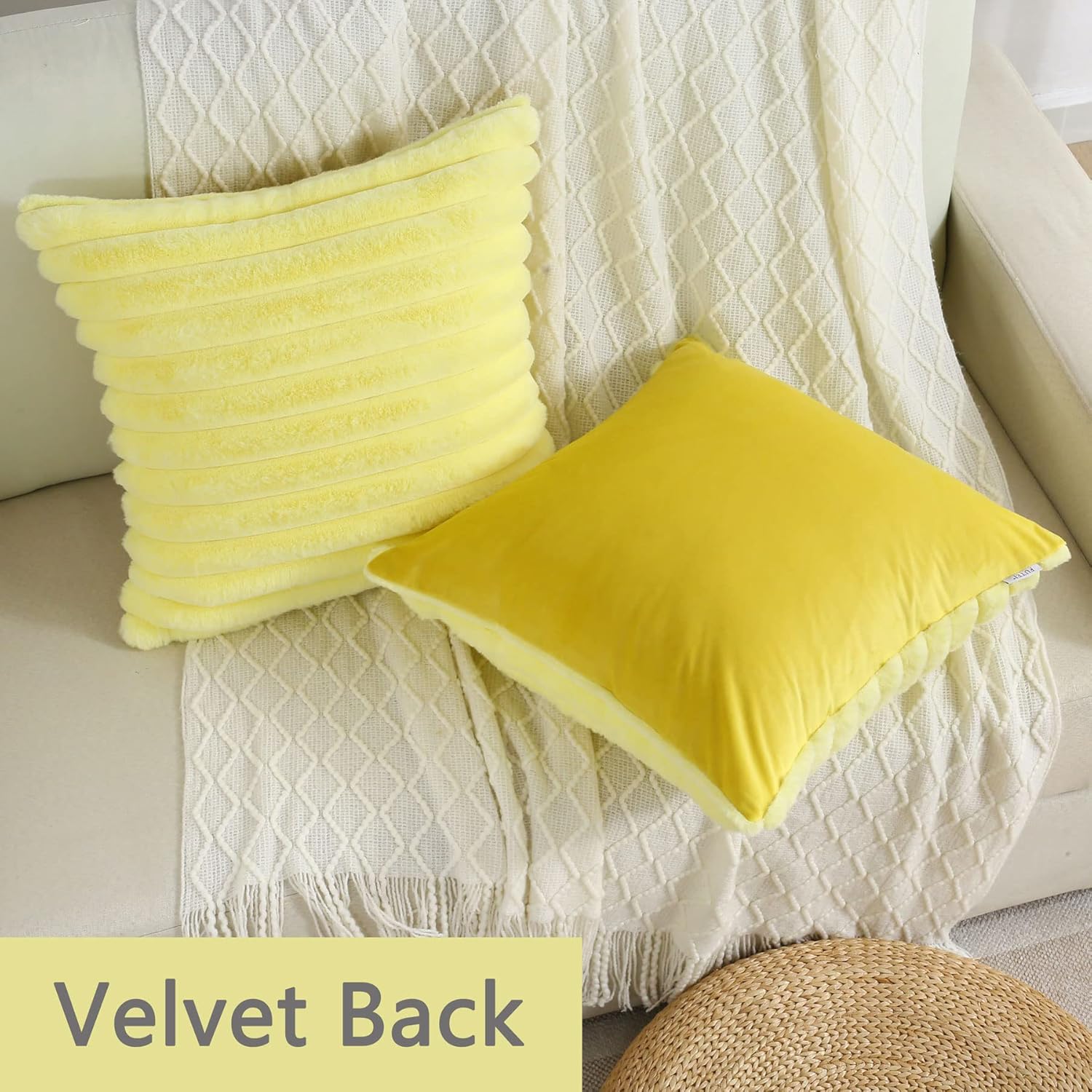 FUTEI – Juego de 2 fundas de almohada decorativas con rayas de color amarillo, 16 x 16 pulgadas, cuadradas y primaverales, piel sintética de conejo