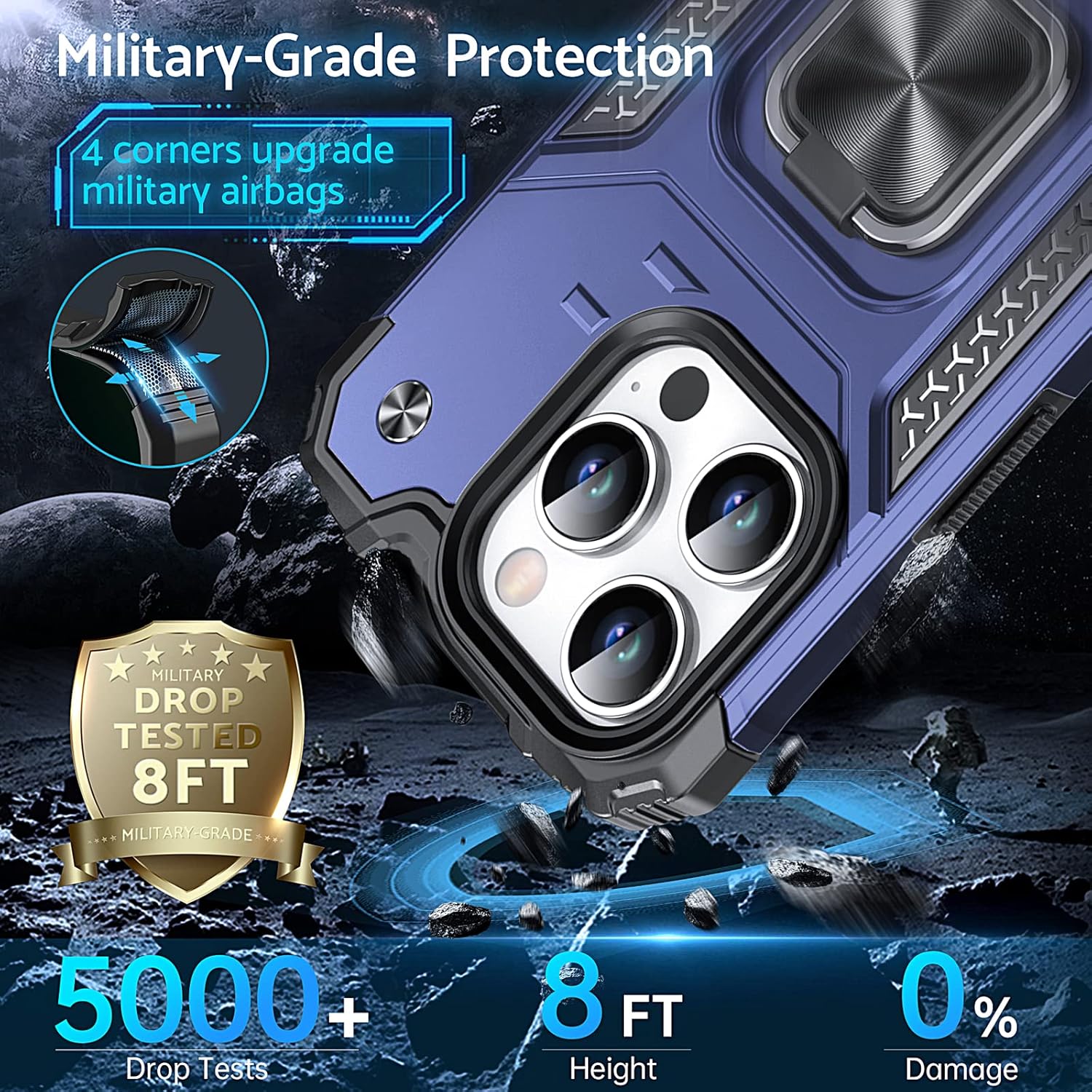 DASFOND Funda diseñada para iPhone 15 Pro, de grado militar, a prueba de golpes, con soporte de anillo de metal mejorado soporte magnético para