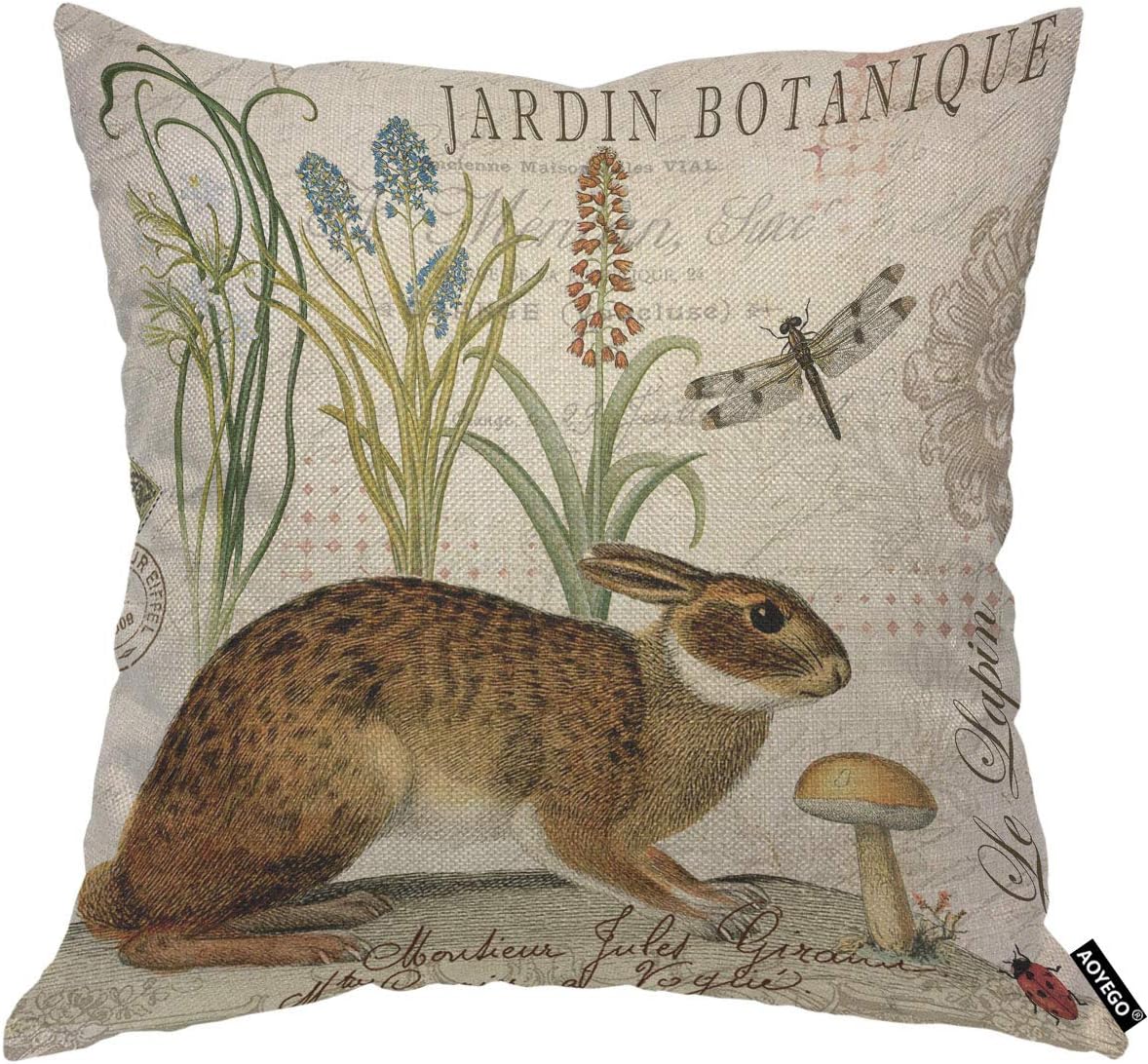 AOYEGO Funda de almohada de Pascua con diseño de conejo, diseño botánico de hojas florales y naturales, insectos, follaje, brote, 18 x 18 pulgadas,