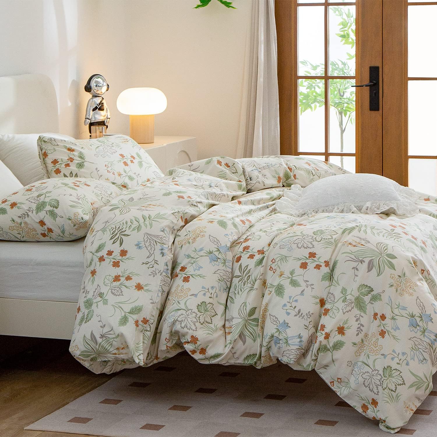 Fundas de edredón florales tamaño Queen, 100% algodón, elegantes juegos de ropa de cama floral tamaño Queen, 3 piezas, hojas de flores verdes y