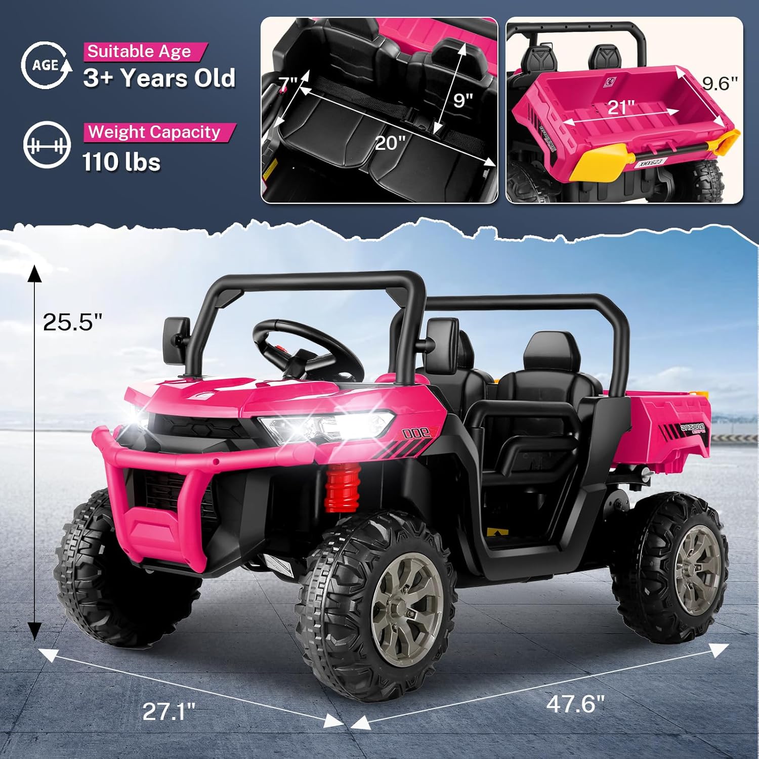 Hikole Camión volquete de 24 V, UTV infantil de 2 plazas con cama eléctrica de volquete, control remoto, reproductor de música, potente motor de 2 x
