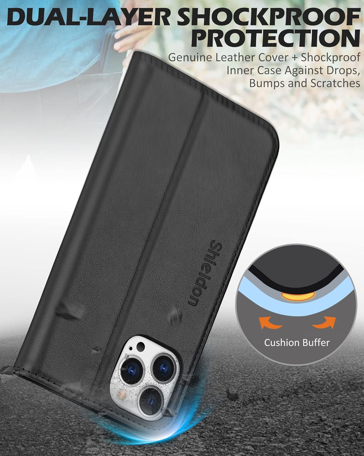SHIELDON Funda para iPhone 13 Pro Max 5G, de piel auténtica, funda magnética a prueba de golpes, soporte RFID para tarjetas de crédito compatible