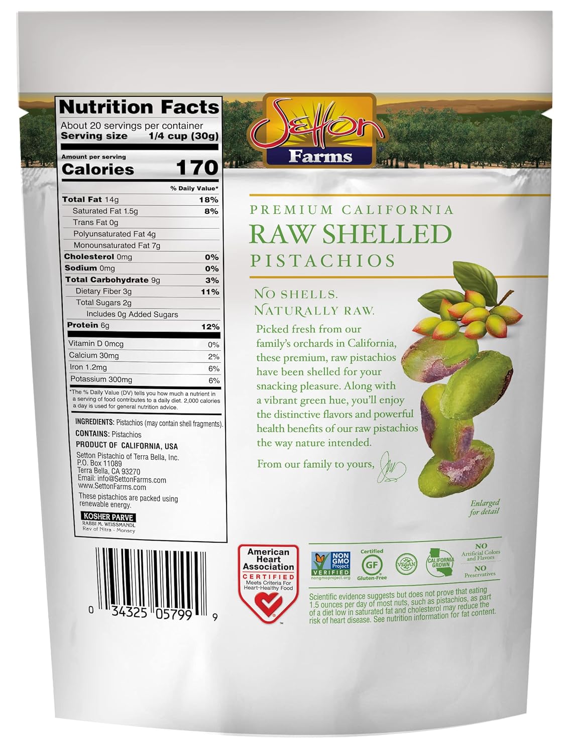 Setton Farms Naturally Raw Shelled Pistachios – Bolsa de valor de 20 onzas, sin pistachos de cáscara, proyecto verificado sin OMG, certificado sin