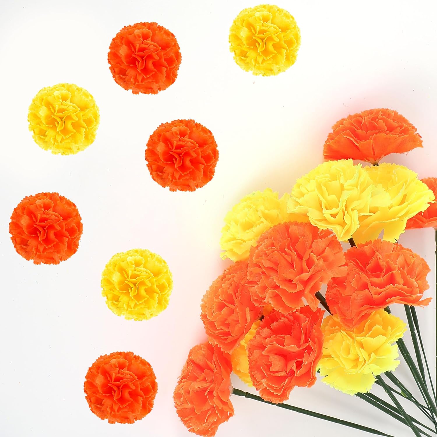50 piezas de flores artificiales de caléndula de seda naranja amarillo flores para el Día de los Muertos Diwali decoración del hogar temática india