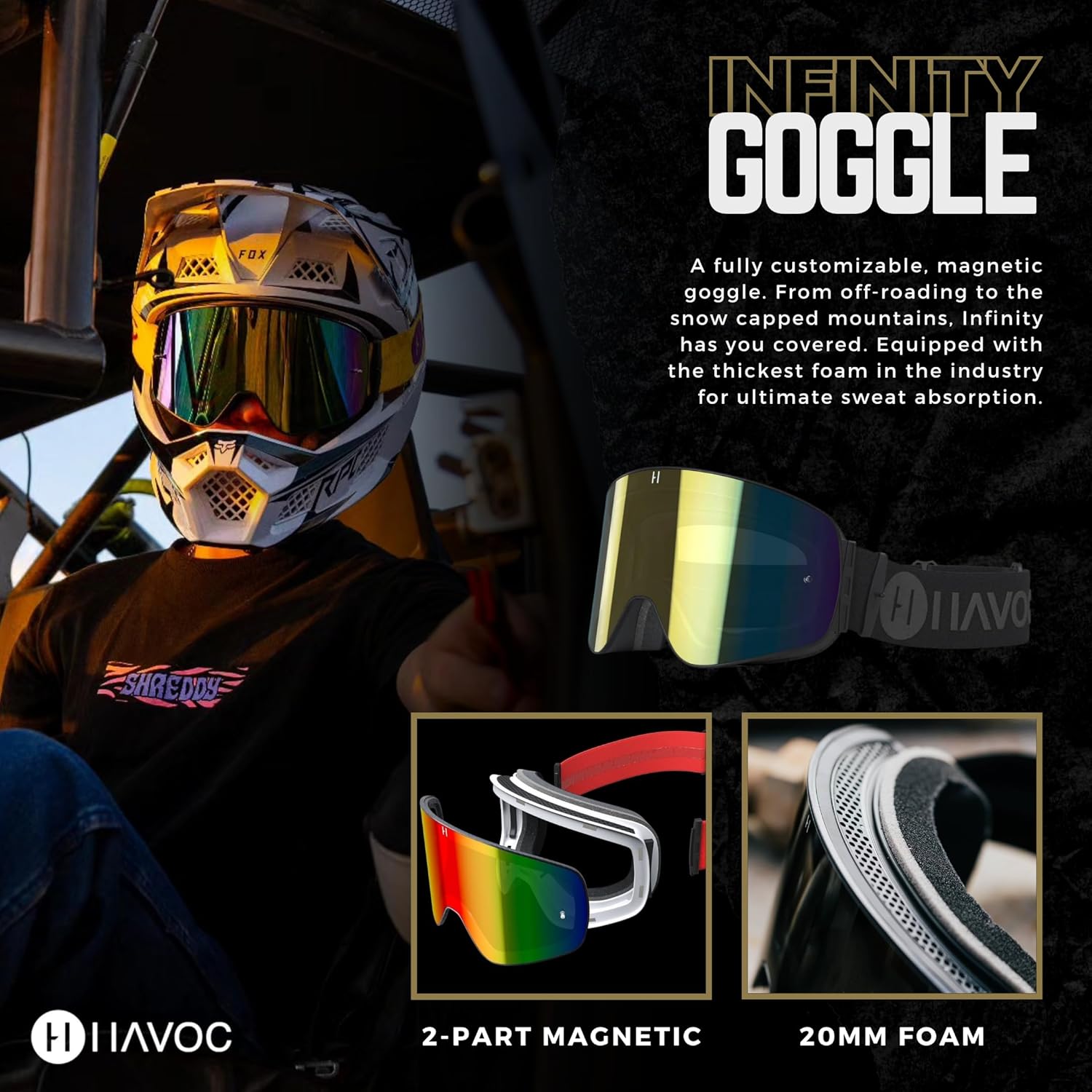 Havoc Racing Gafas magnéticas sin marco, para motocross, motocross, motocross, snowboard, ATV y UTV – Gafas antivaho con bloqueo UV