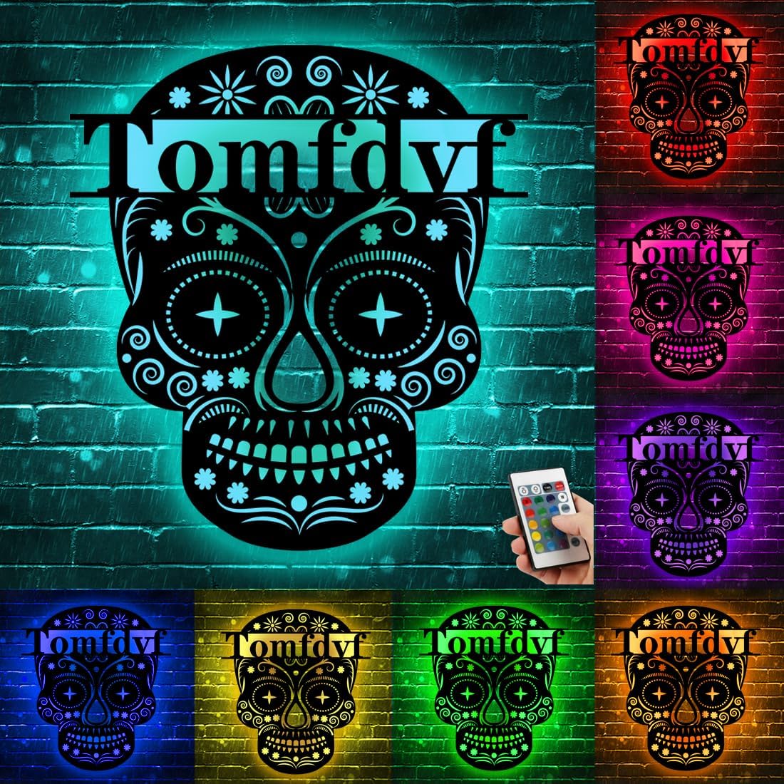 Letrero personalizado de calavera de Halloween con luces LED, esqueleto espeluznante familiar, letrero de metal de 16 colores, lámpara RGB, nombre