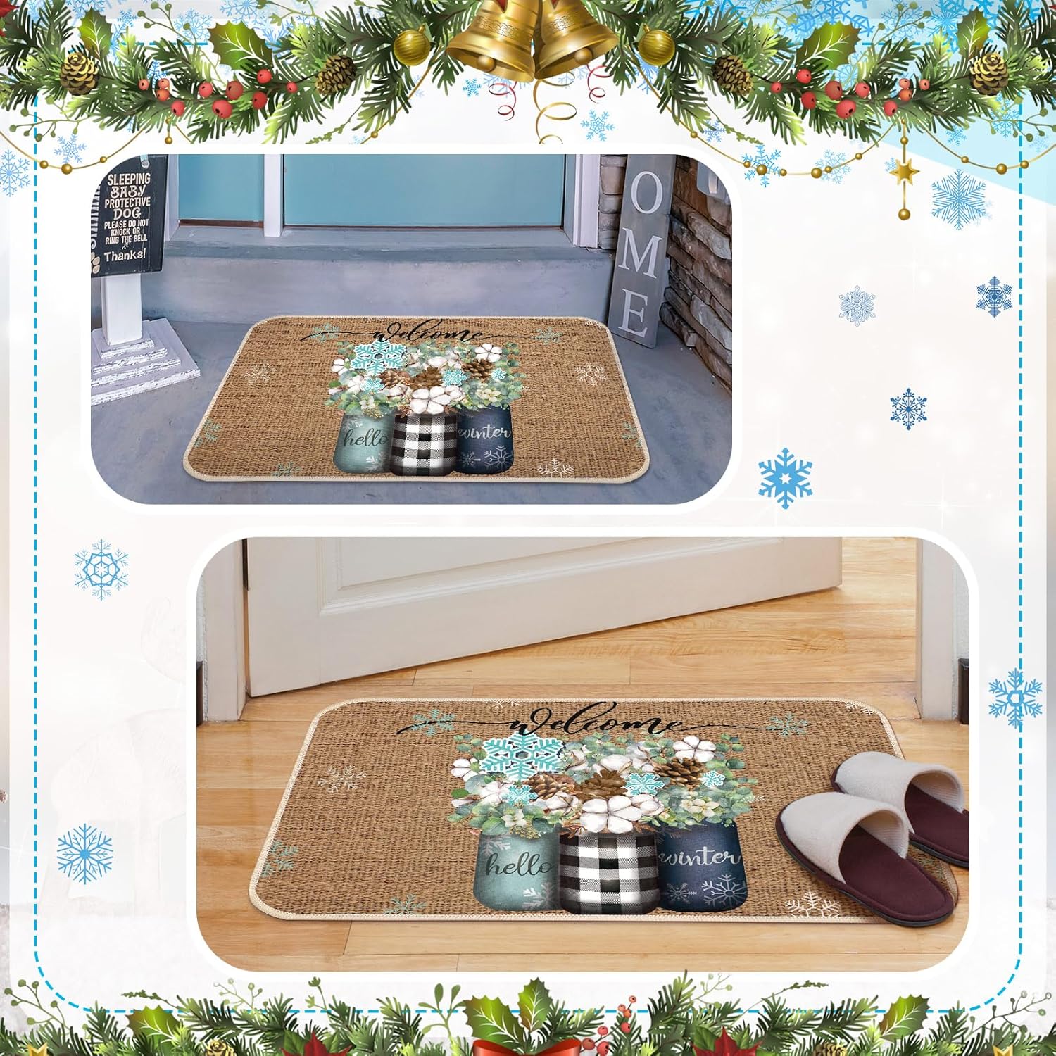 Timgle Tapetes de Navidad para puerta de invierno, antideslizantes, tapetes de bienvenida para interiores y exteriores, conos de pino, copos de